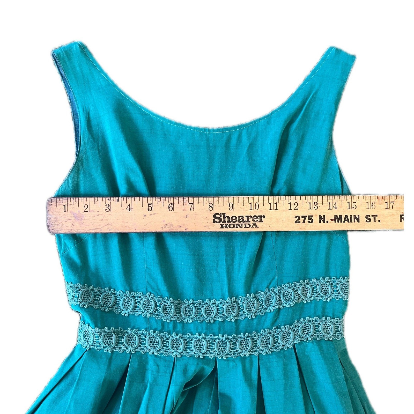 Vintage Teal Blue Pleated Fit Flare Dress Lace Waist Trim MCM 50s 60s Size S