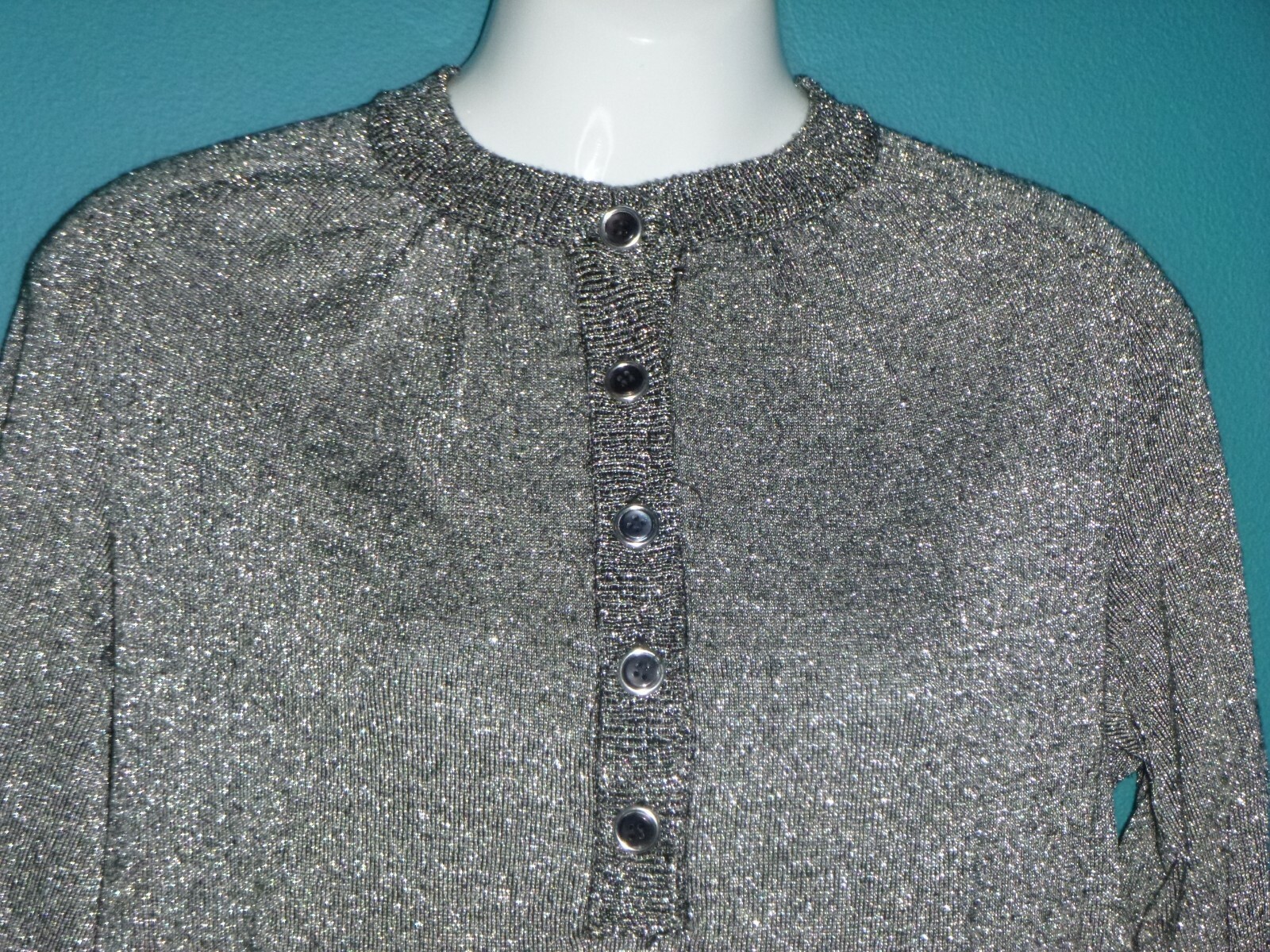 Vtg LeRoy Knitwear Black Silver Lurex Metallic Threads Long Sleeve Sweater Sz M