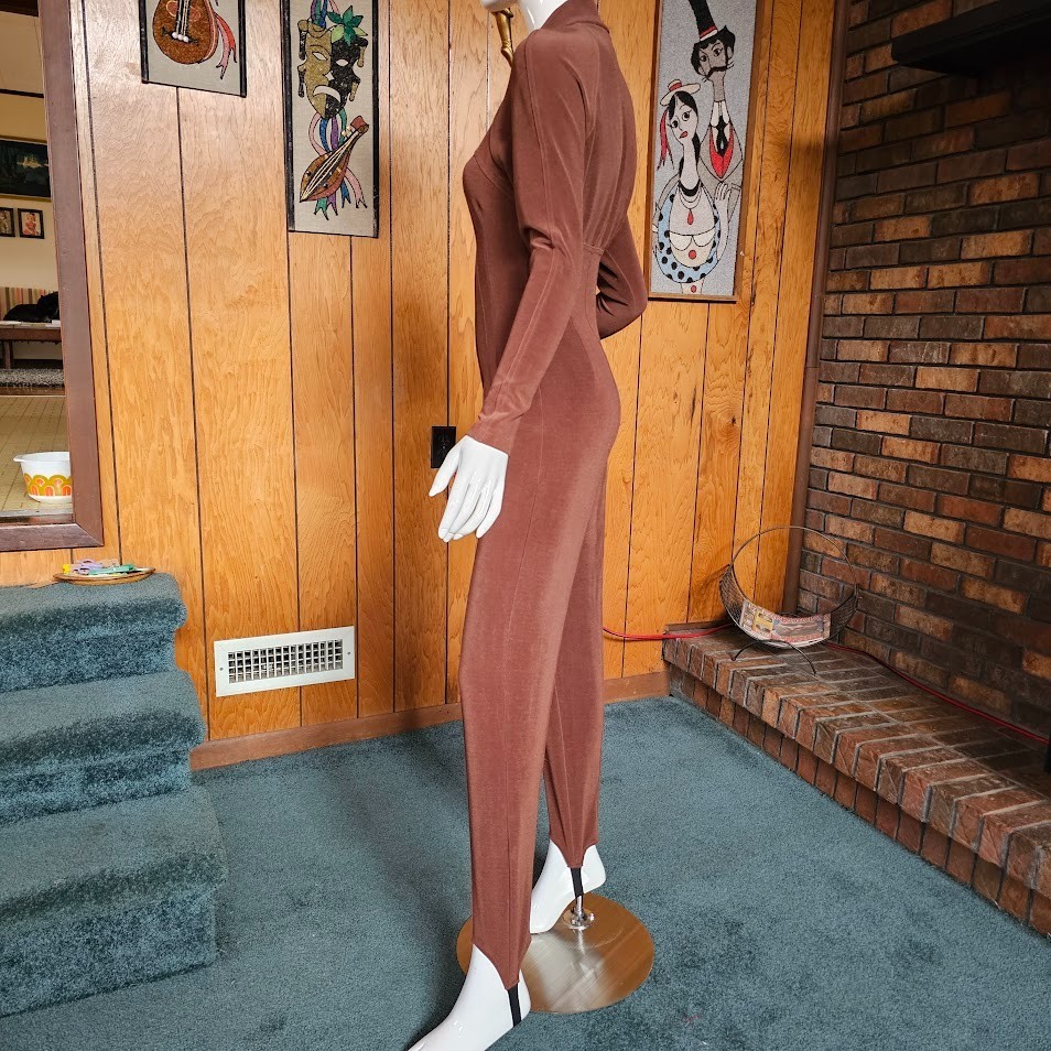 Vtg 80s Urban Ski Bunny Corset Seams Catsuit Slinky Stirrup Pants Jumpsuit S/M