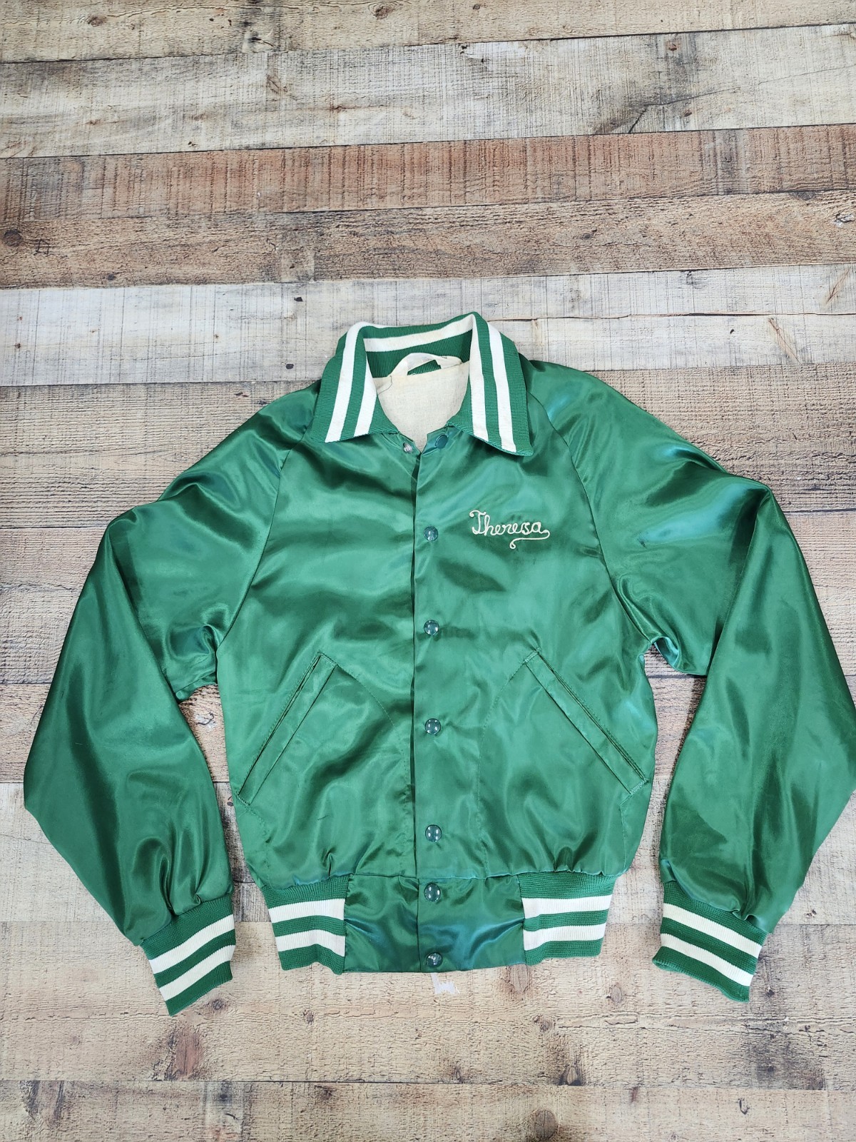 Vtg 70s Don Alleson Athletic Green Satin Jacket Bentley Pom Pon Good Shape Sz XS