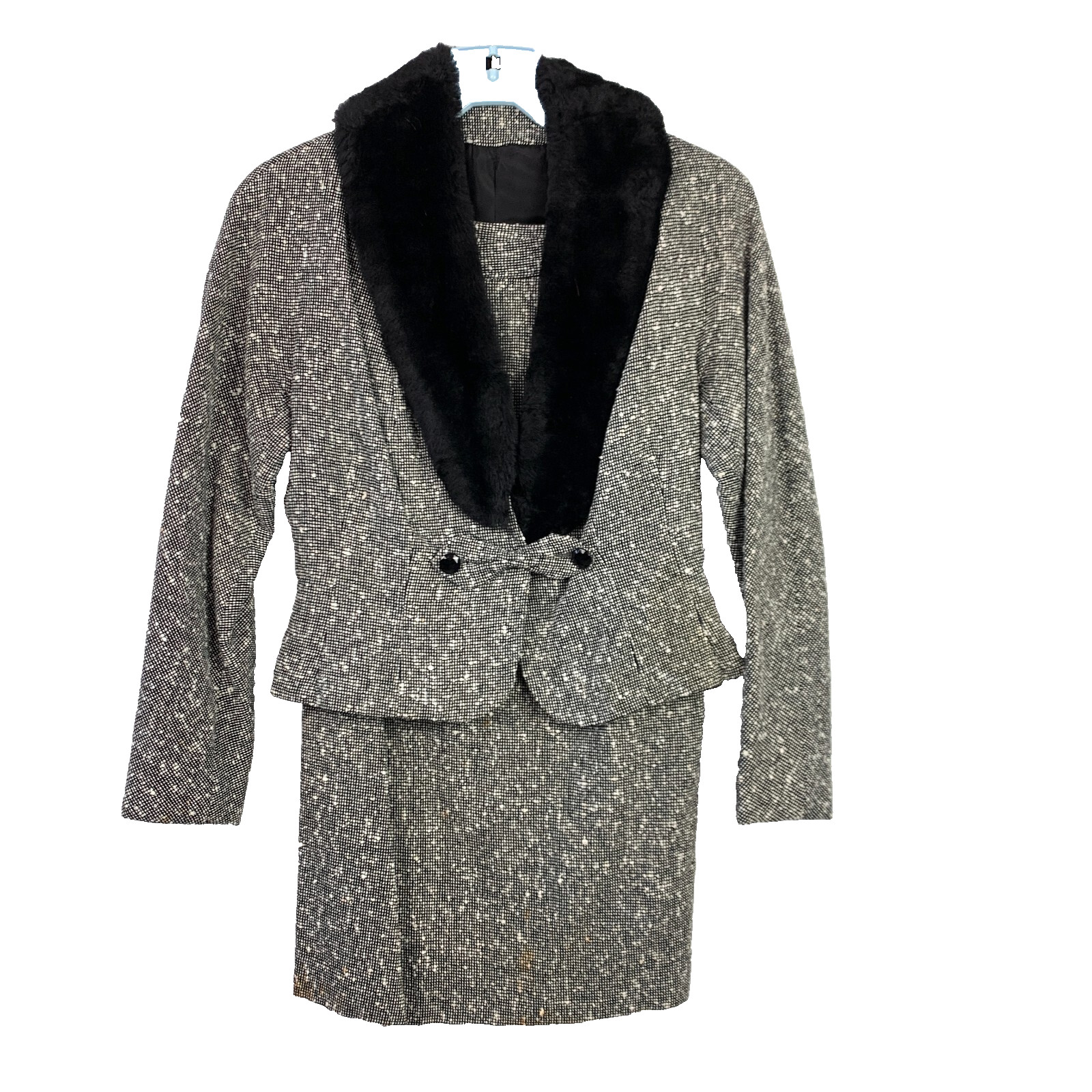 Vintage Black White Tweed Faux Fur Skirt Shirt Outfit Set Chest 34″