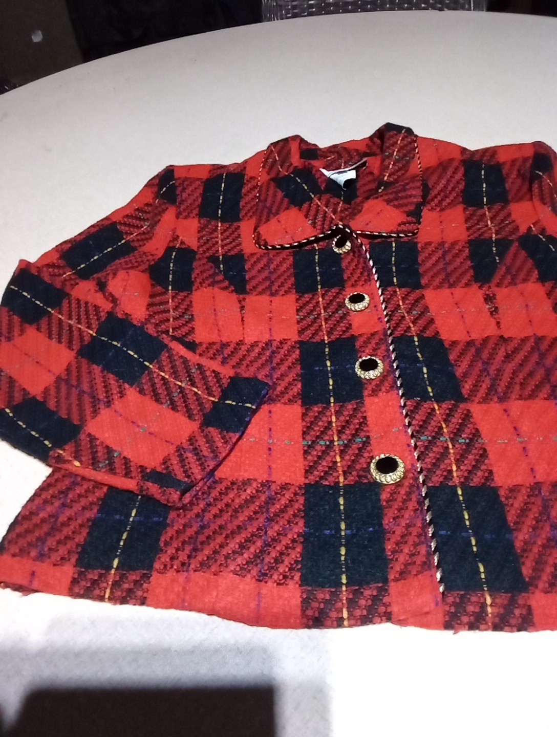 Vintage 80s Lindsey Scott Red Plaid Knit Blazer Sweater Women’s Sz 16 USA MADE