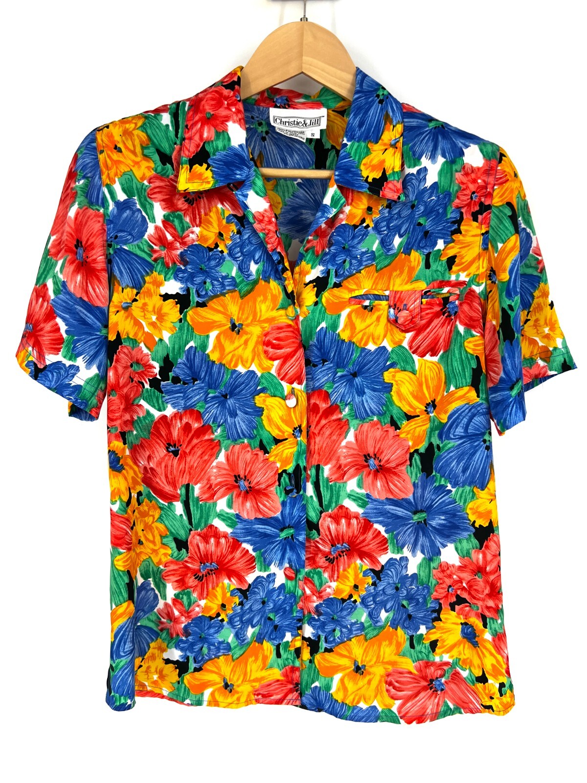 CHRISTIE & JILL Vintage Blouse Women’s Size S Floral Hawaiian Shoulder Pads 80s