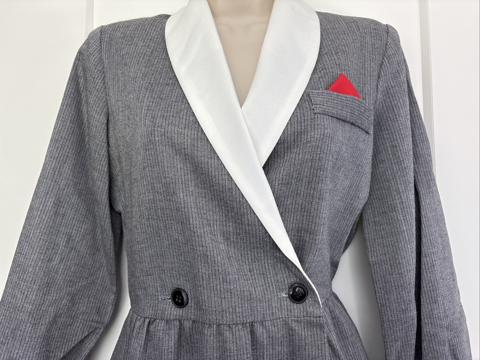 Vintage Grey Pinstripe Dress I Magnin Sz Classic White Collar Red Pocket Scarf
