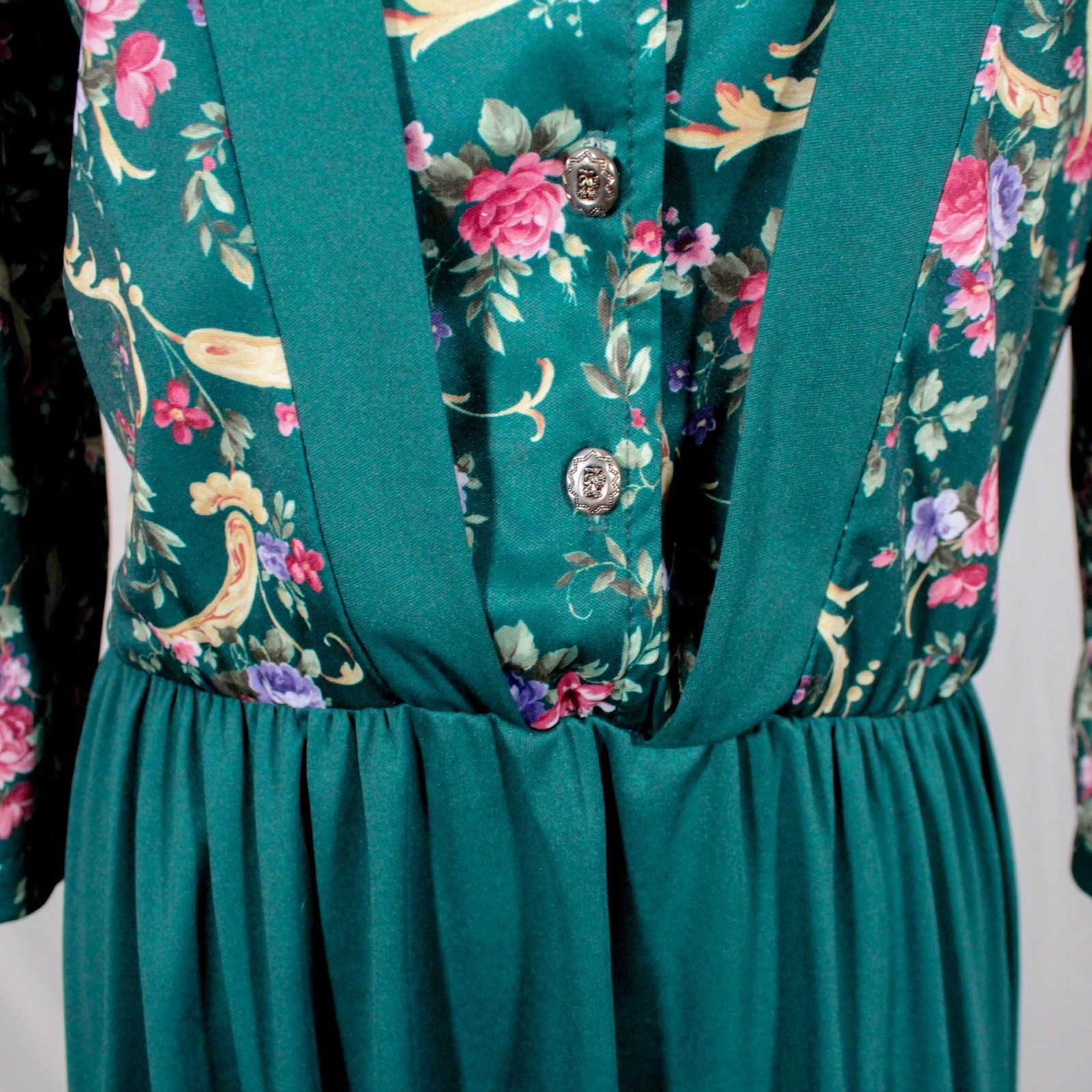 Vintage 70s 80s Hunter Green Floral Dress Cottagecore High Tea Size L–XXL