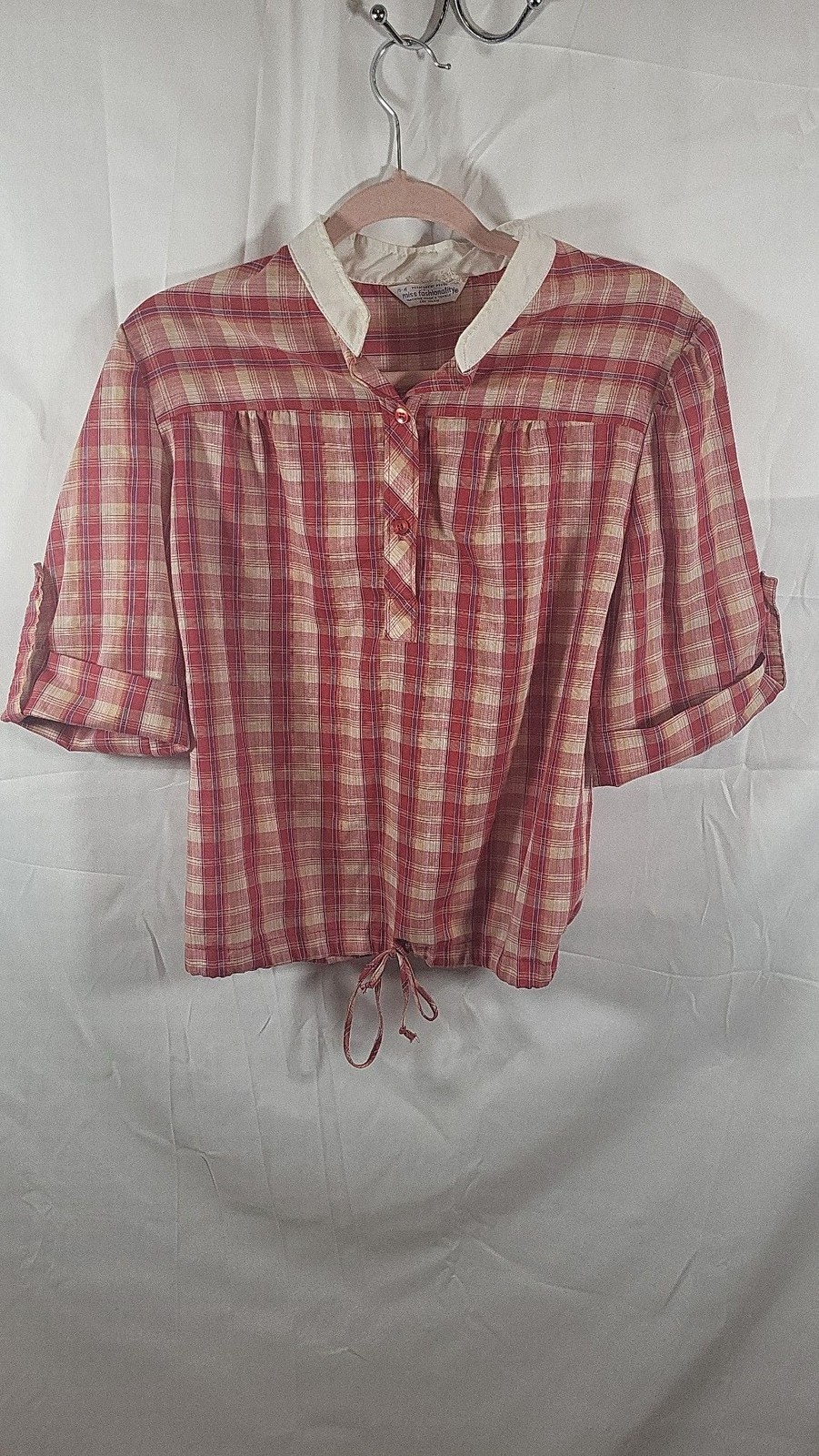 Vintage 70s Ms. Fashionality Red Plaid Tab Sleeve Drawstring Hem Blouse, size 15