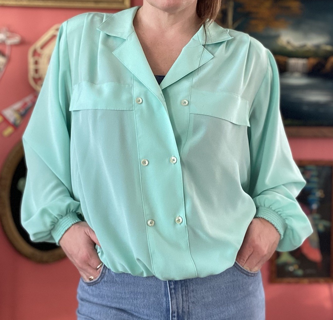 Da-Rue of California 80s Mint Green Polyester Button Shirt Womens 12 Vintage