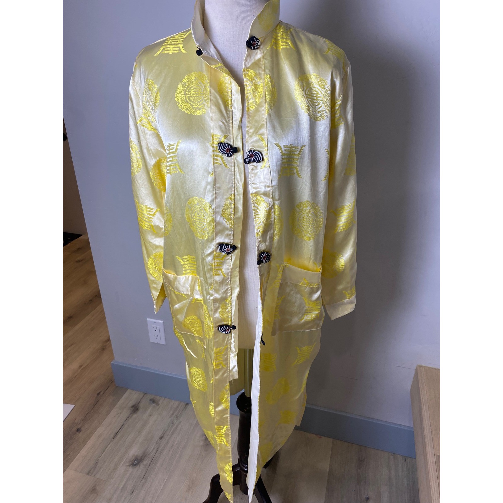 Vintage Yellow Satin Chinese Duster Robe Jacquard Damask Frog Closure Longline