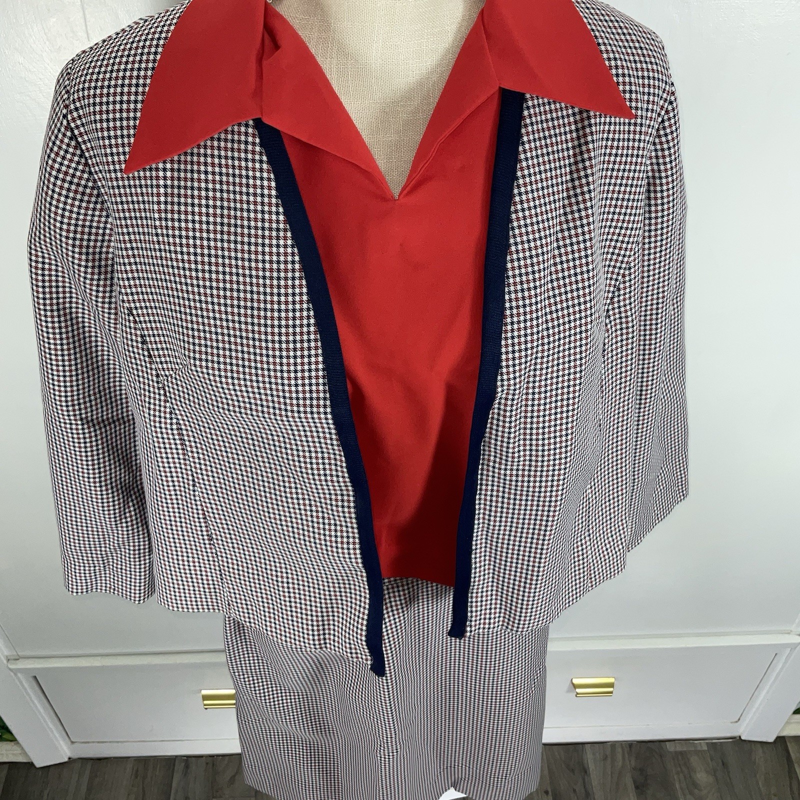 Vintage 60s 70s Handmade Womens 3 Pc Skirt Suit Red White Blue Plaid Gingham Mod
