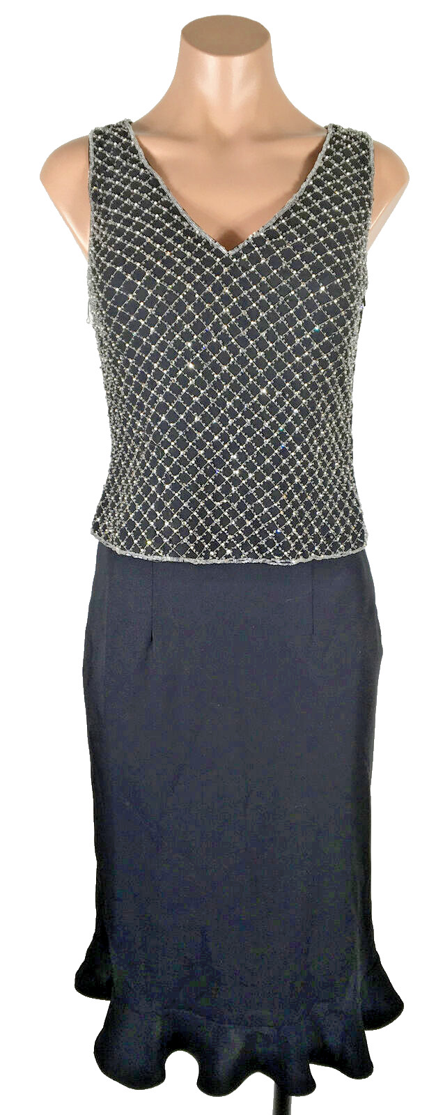 Vintage Mon Cheri Dress Black Silk Chiffon Skirt Beaded Sequin Mesh Top MOB