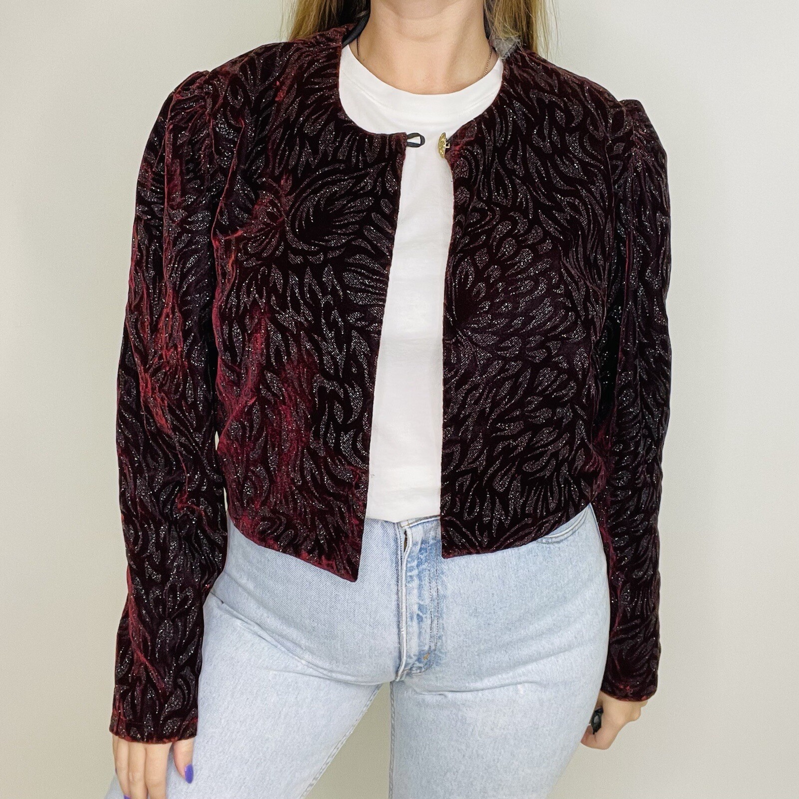 Vintage 80s 90s Velvet Encrusted Embossed Bling Sparkle One Button Cardigan L/XL