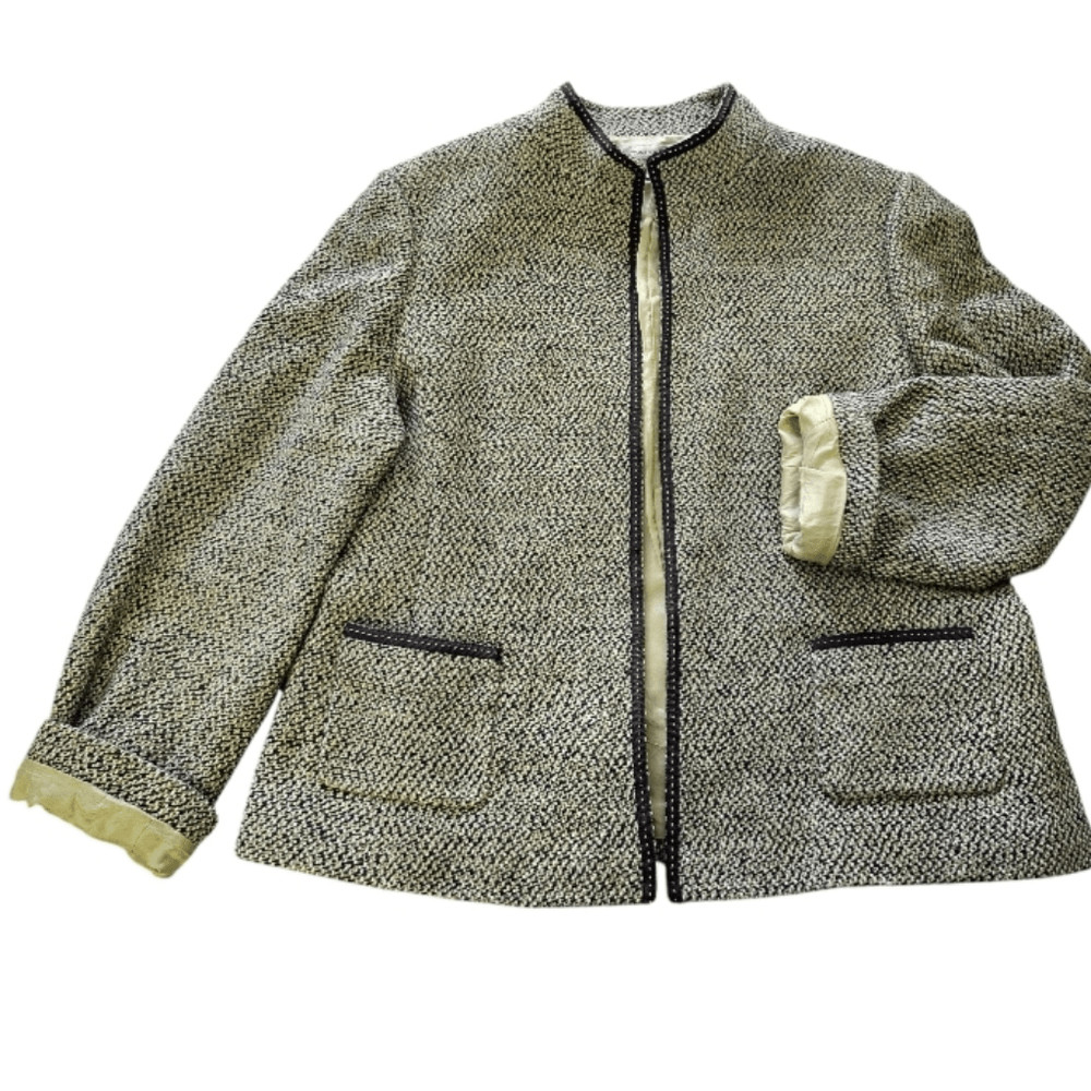VTG Tahari Green Black Herringbone Tweed Open Front Blazer Plussize 18