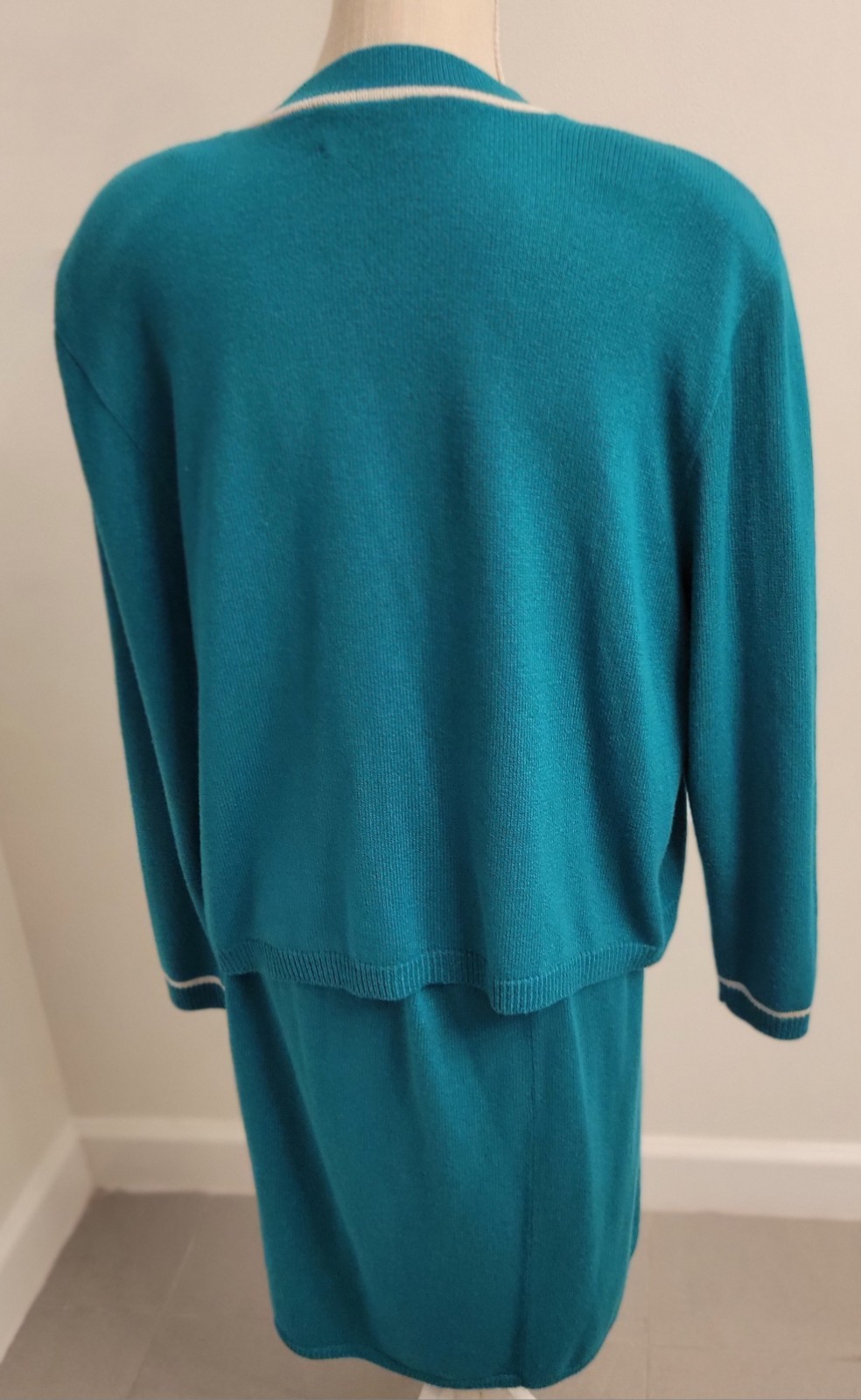 Knit Skirt Suit Lg 2pc Laura byAlyzia 70’s Teal Green Shoulder Pad USA Evc Vtg