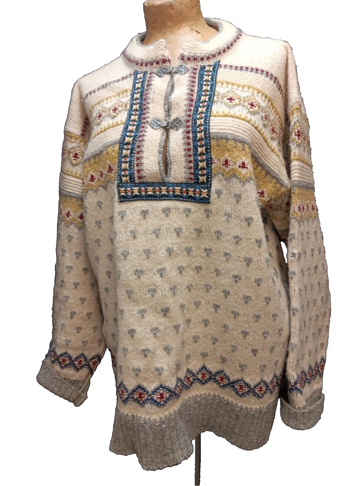 Vintage Tan Blue Dark Red Pale Green Wool Norwedgian Sweater by Devold M
