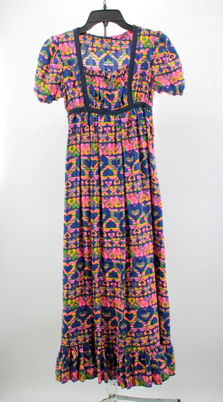 VTG 60s Bright Psychedelic Maxi Dress W/ Heart Pattern XS/S 1960s Party Hostess