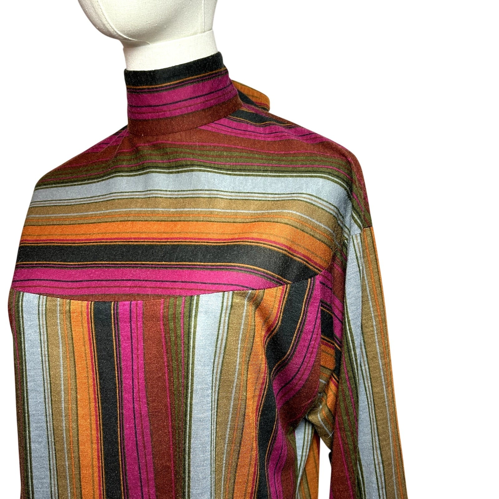 VTG 70s Knit Turtleneck Midi Dress L Pussy Bow Multicolor Bespoke Retro Twee