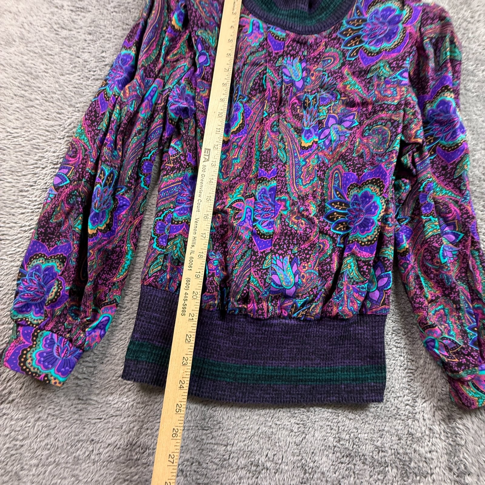 Vtg 80s Leslie Fay Petite Paisley Floral Blouse Mock Neck Zip Back Purple 8