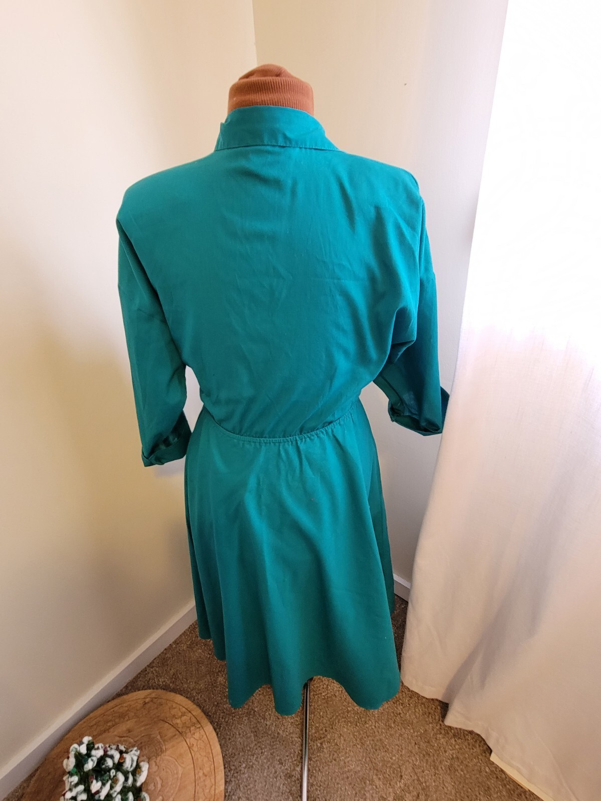 80s VTG USA American Shirt Dress Teal 8 Shoulder Pads