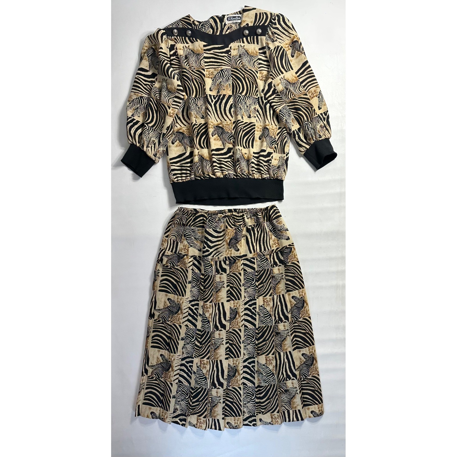 Jo Hanna York Vintage Zebra Print 2 Piece Skirt Set Tan Black Women Medium