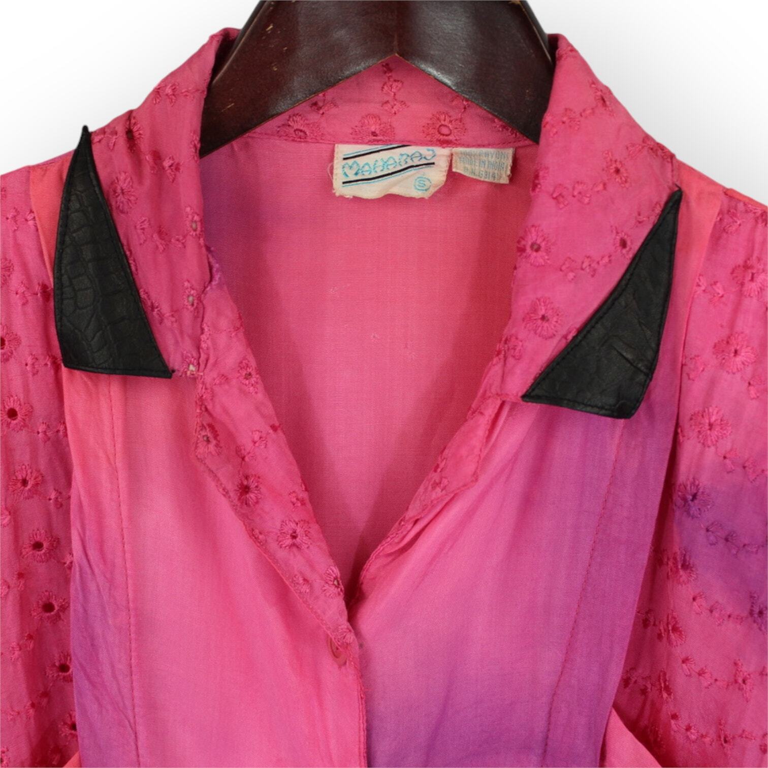 Vintage 80s Maharaj Blouse (S) Rayon FauxLeather Embroider Dyed S/S ButtonUp