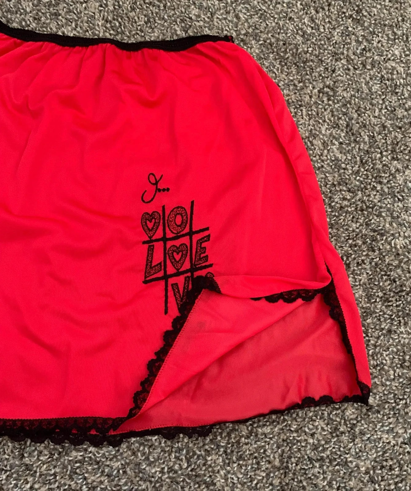 1960s Red Nylon with Black Lace Embroidered Half Slip Mini Skirt “I Love You”