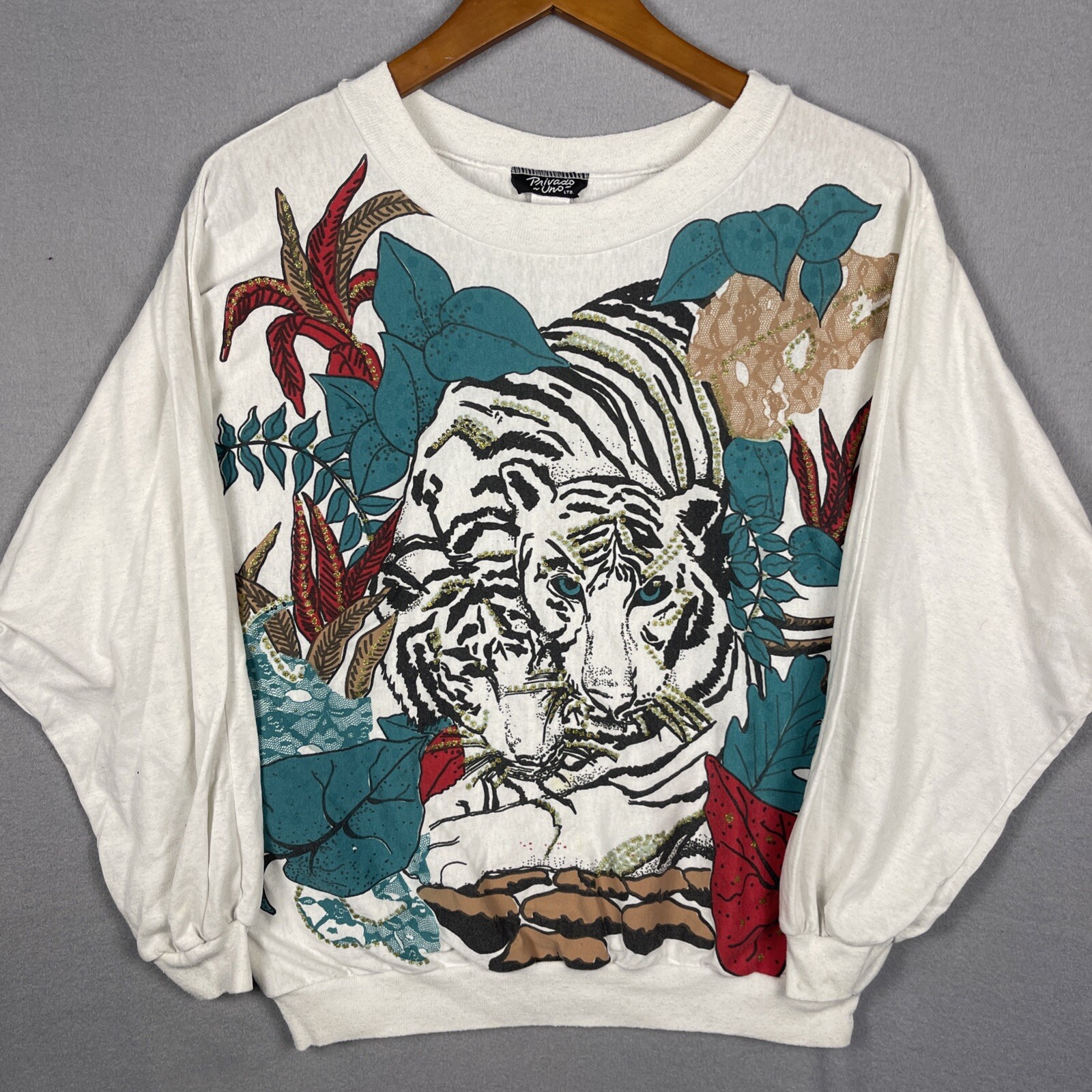 Vtg Sweater Women’s Medium White Tiger Gold Glitter Accents 90s USA