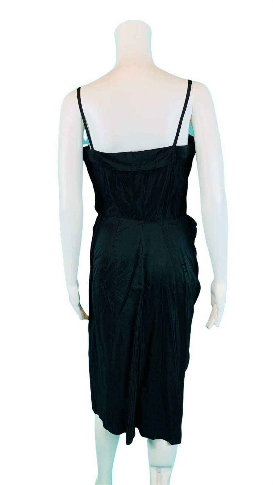 Vintage 1950s Sarong Wiggle Dress Cocktail Black Blue Old Hollywood W 28″