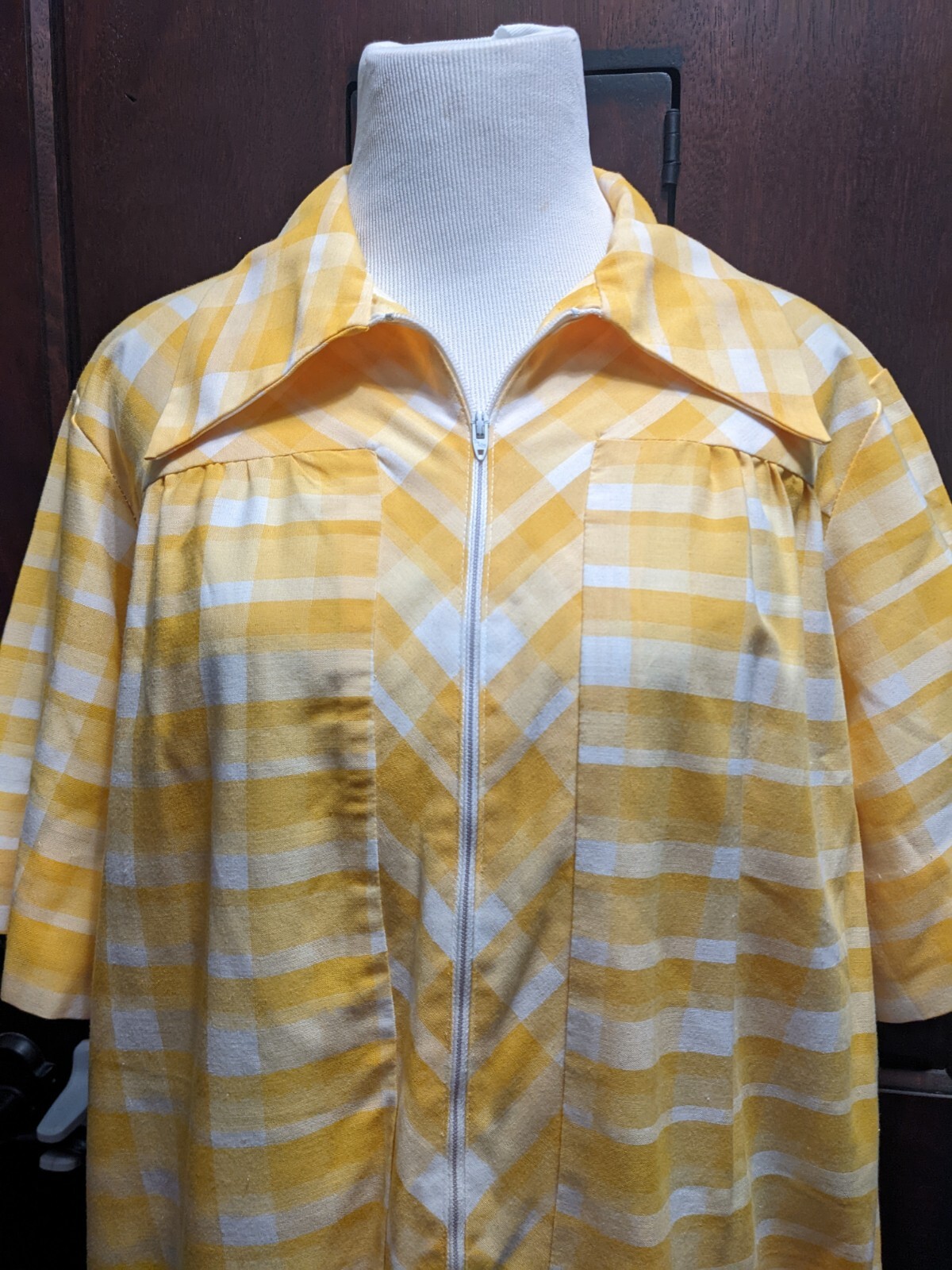 Vintage 1960s MCM Skimma Yellow Plaid House Dress 3/4 Zip Large