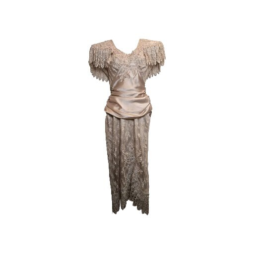 Lorrie Kabala Dress Vinage 80s Victorian Style Champaign Ruched Lace Beaded Sz 4