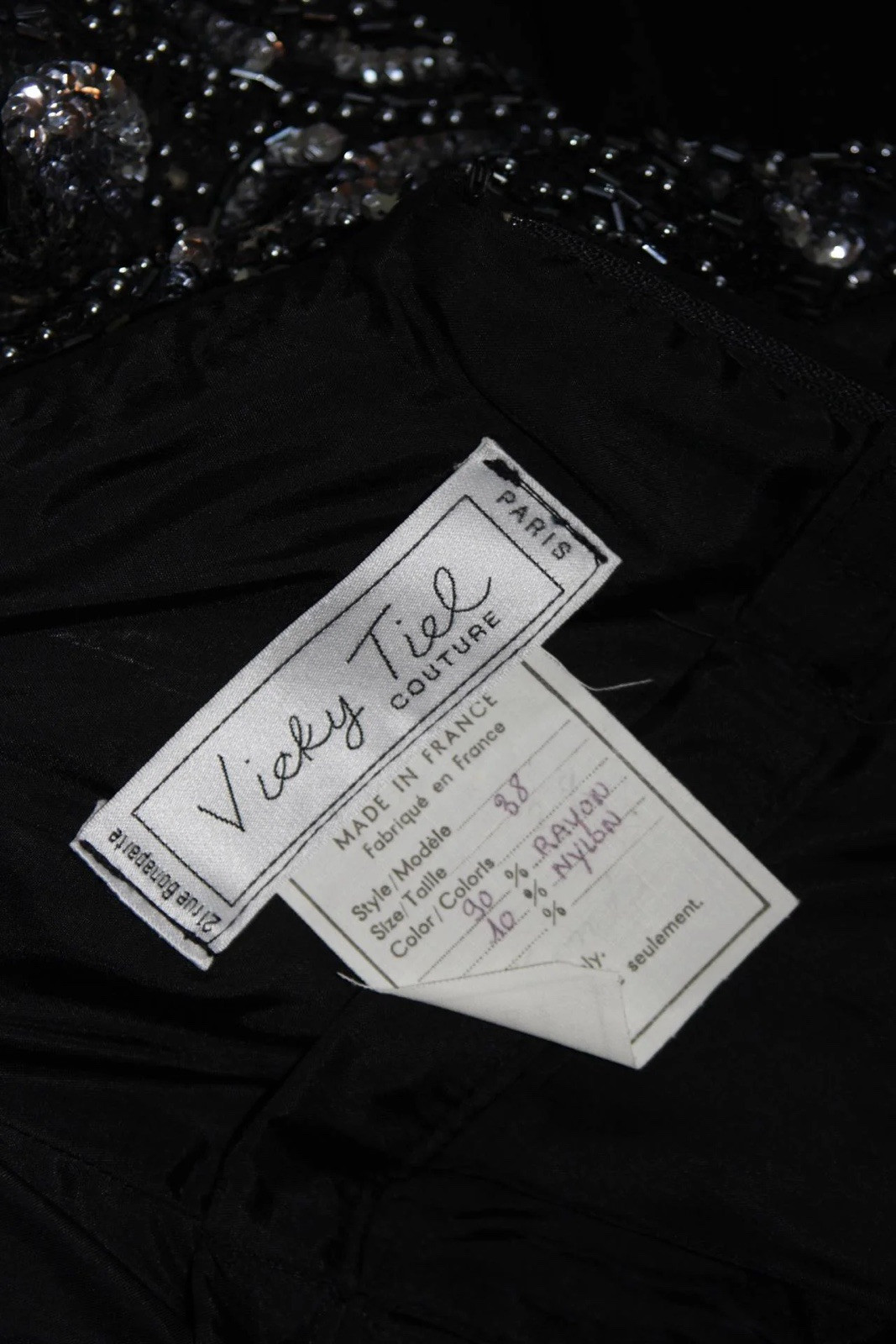 Vicky Tiel Vintage Black Beaded Cocktail Dress Made in France Size S 38