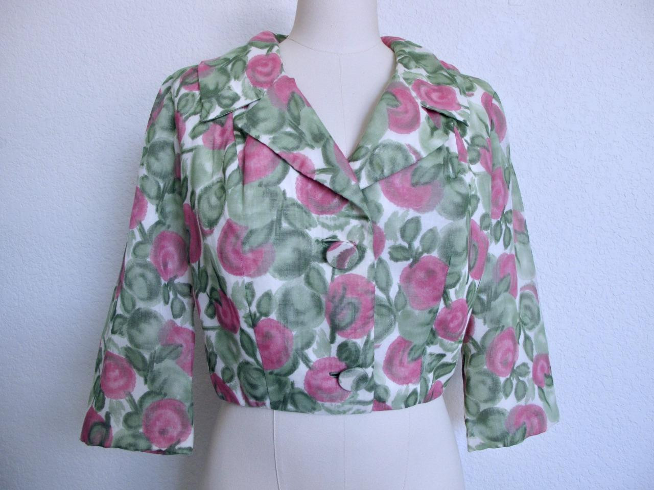 Vintage 50s 60s Cropped Roses Floral Print Jacket Ivory Pink Green L 41″ Bust