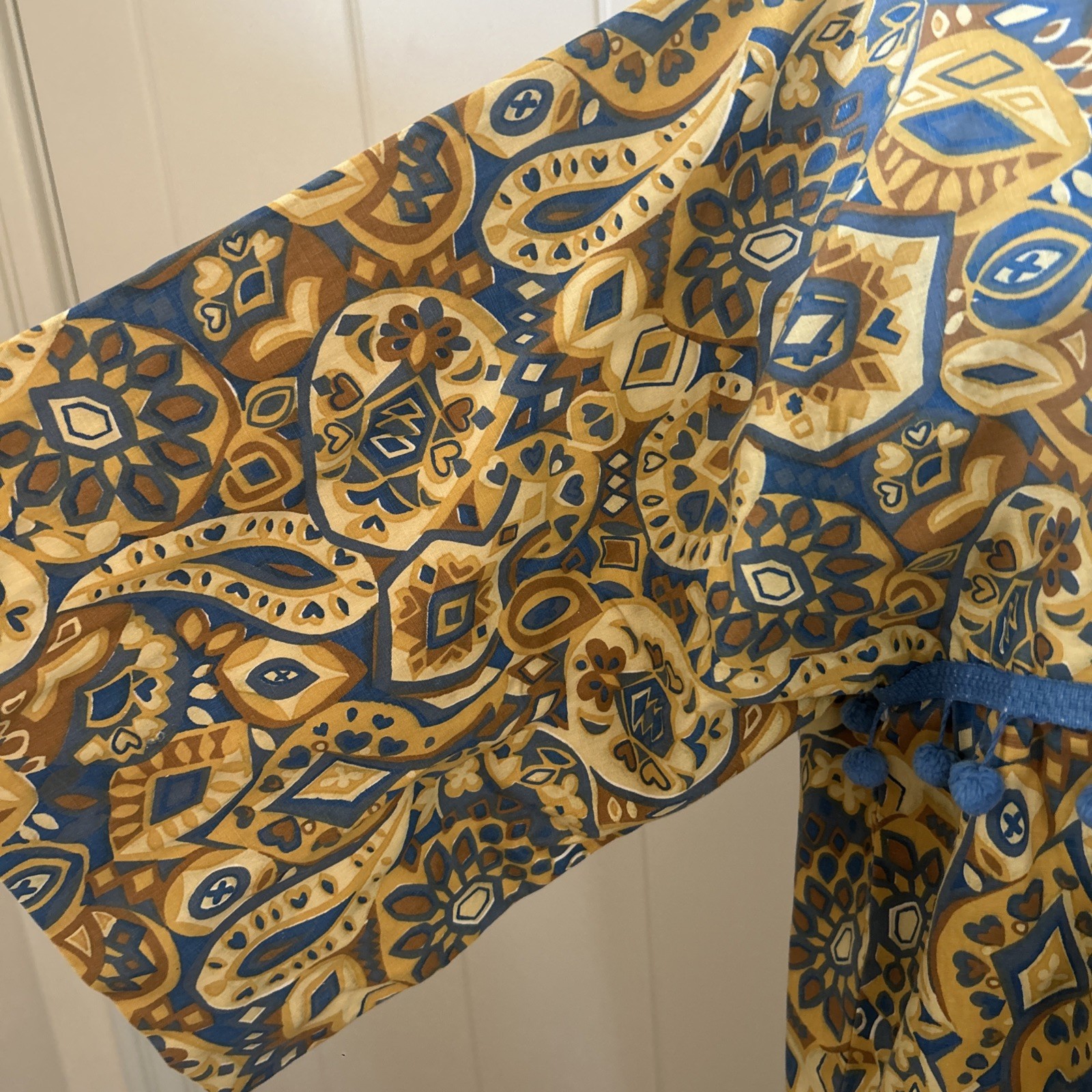 Vintage 1960’s Handmade Gold/Blue Paisley Print Caftan Maxi With Ball Fringe M