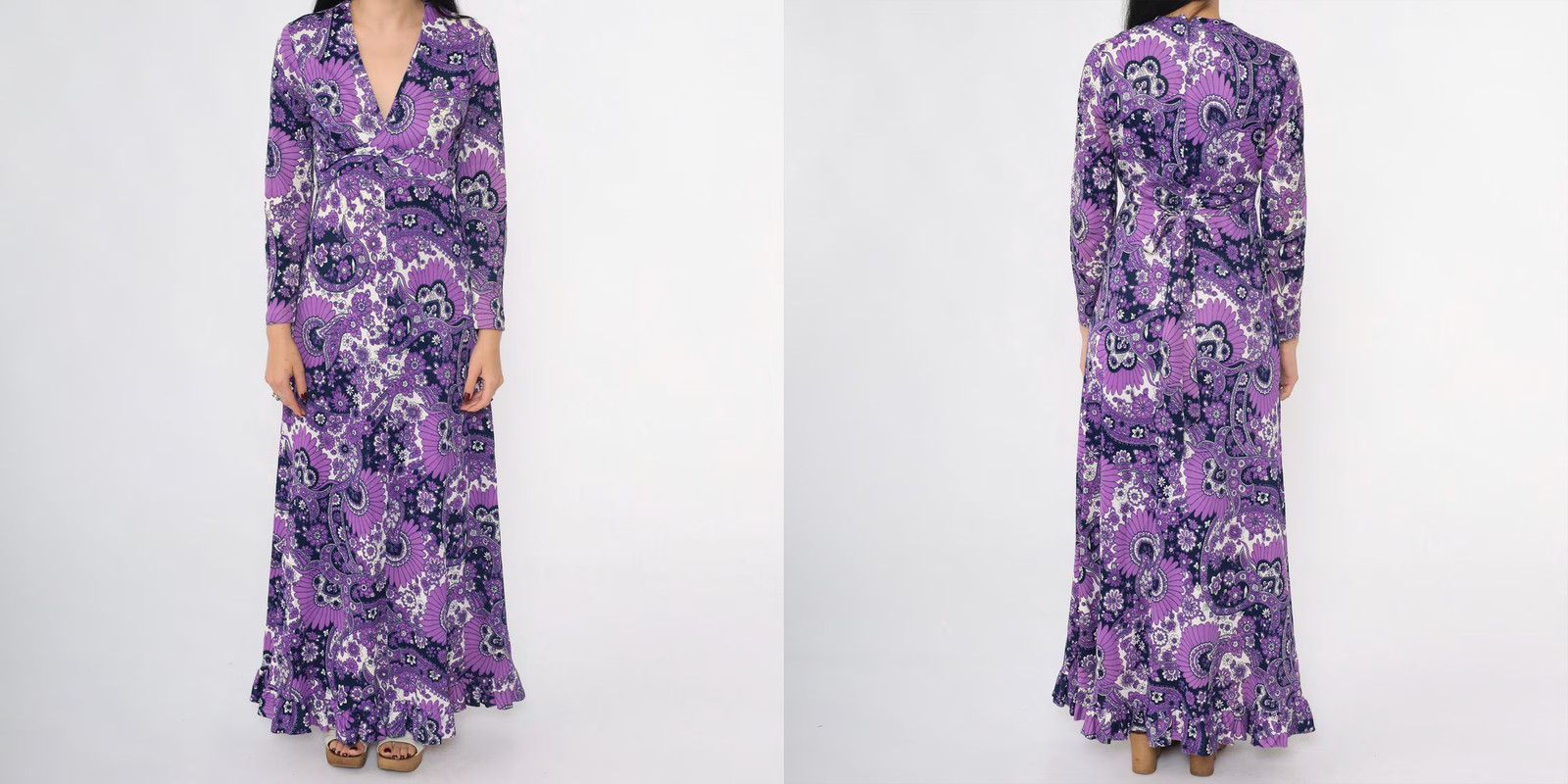 70s Psychedelic Maxi Dress Vintage Purple Paisley Floral Print Bohemian Gown V N