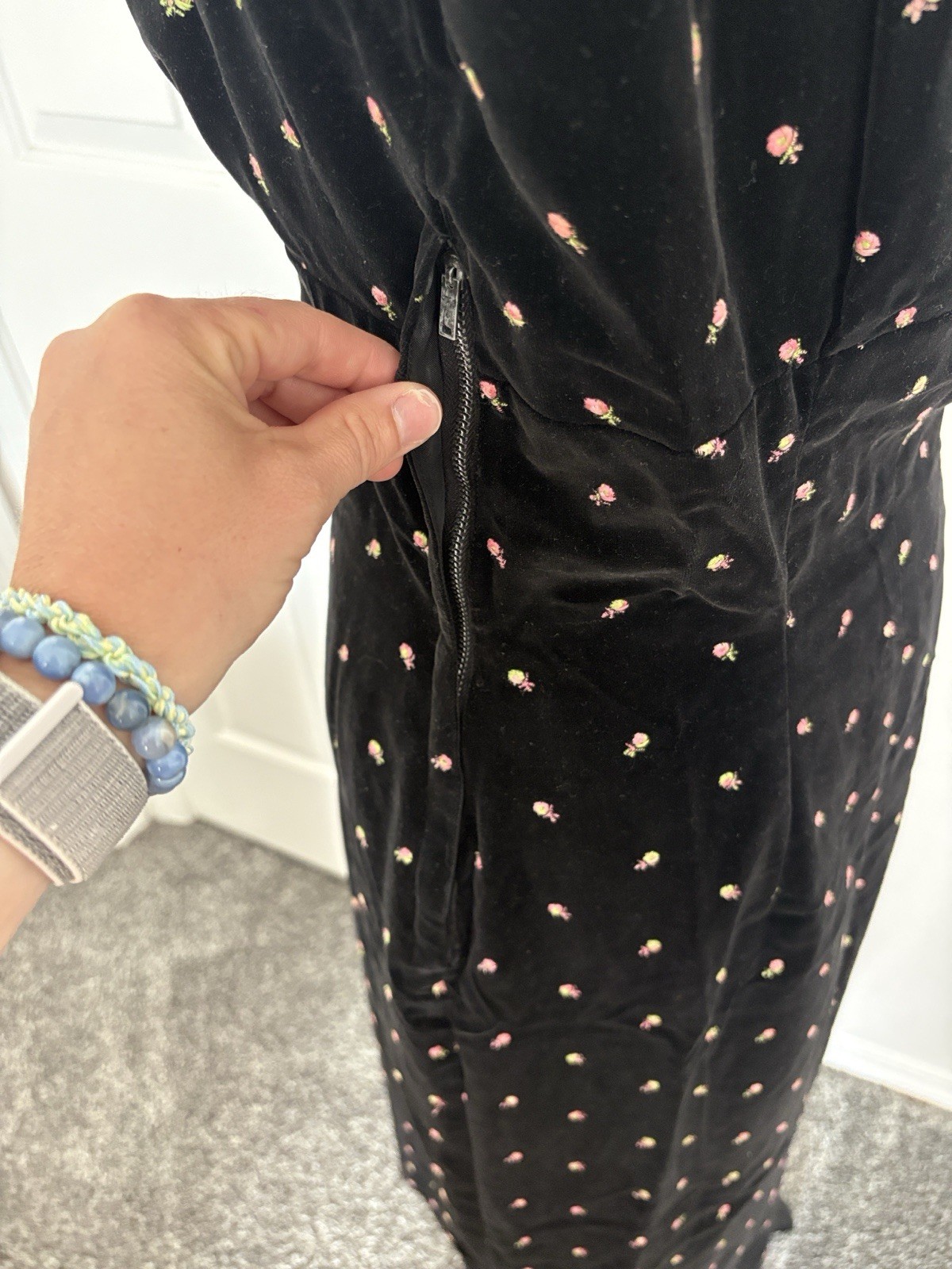 Jo Collin’s Vintage Black Velvet Midi Dress with Embroidered Rosettes