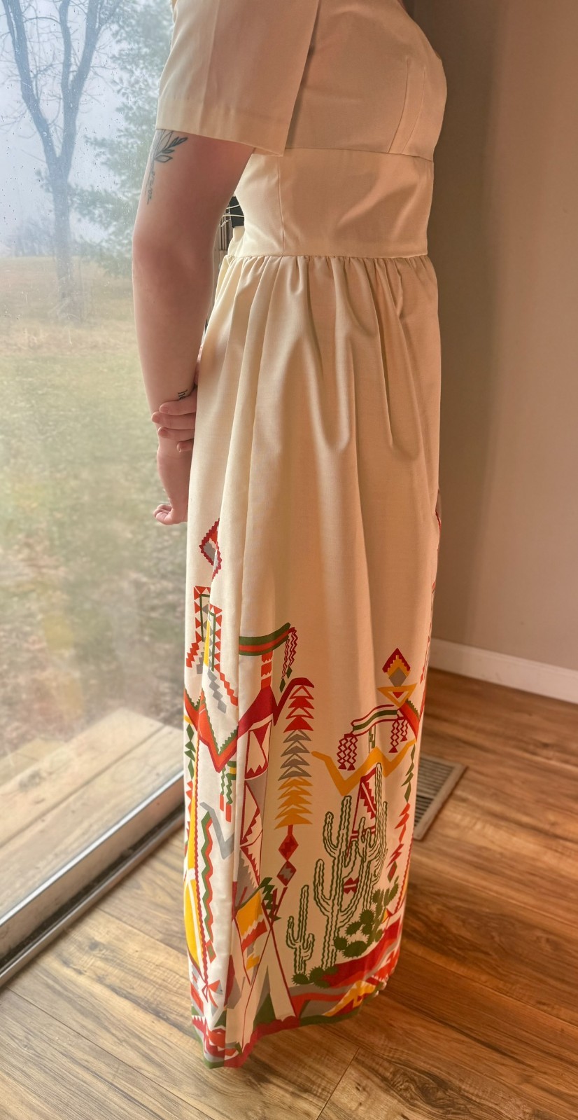 Vtg 1960s 70s Maxi DRESS Kachina Doll CACTUS Print Native FOLK ART Skirt XS/S