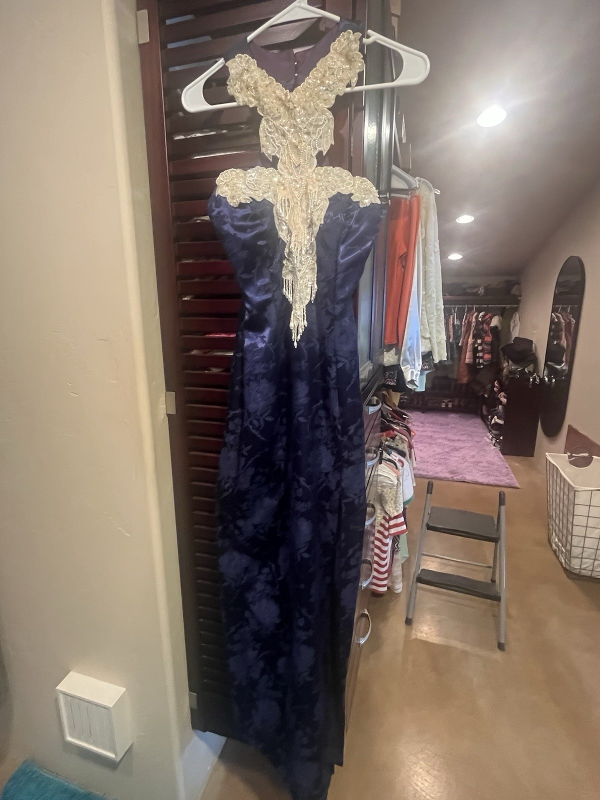 Navy Satin Maxi Dress with Ivory Beaded Detail Formal Evening-wear