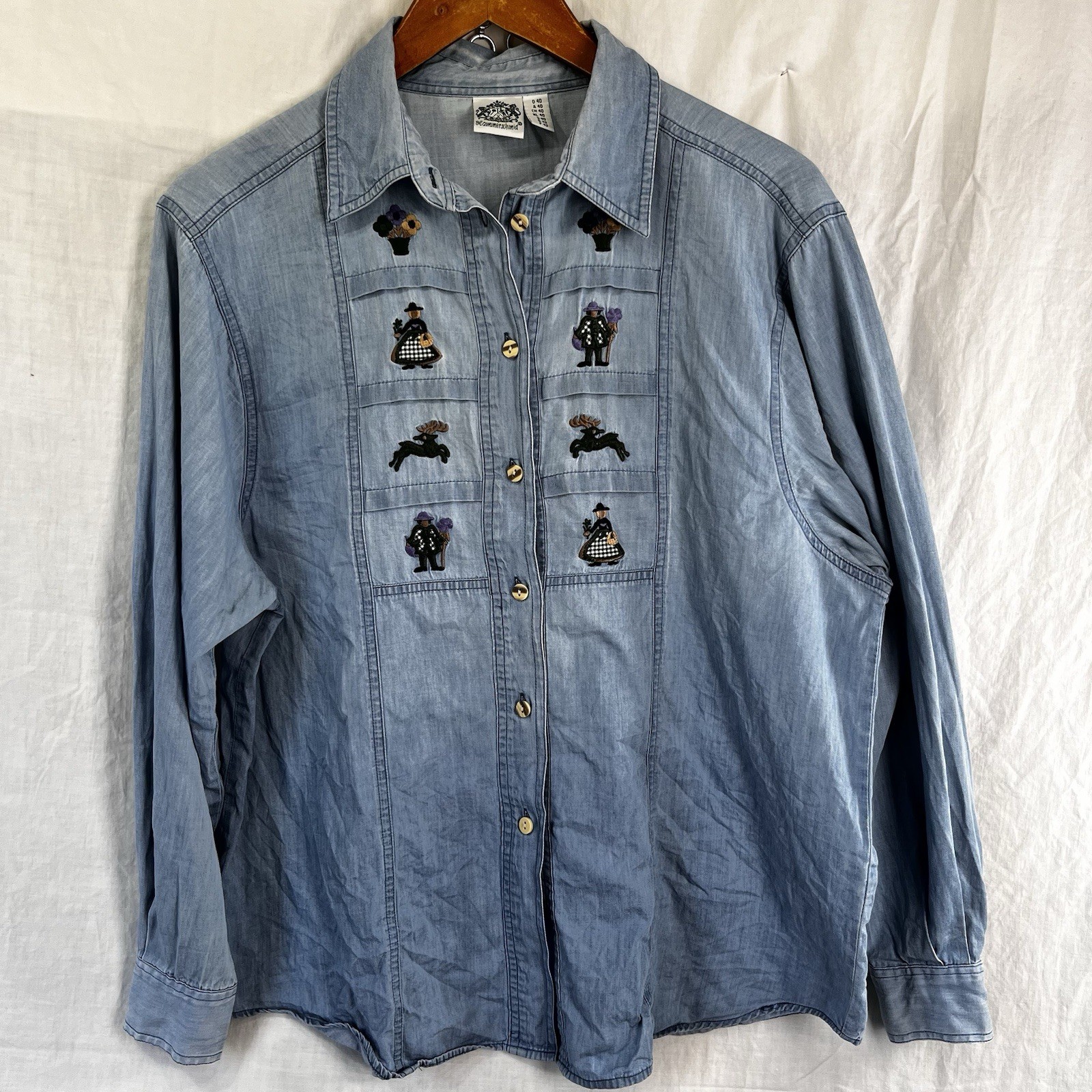 Hammerschmid Vintage Chambray Shirt Womens Size 40 German Cotton Embroidered