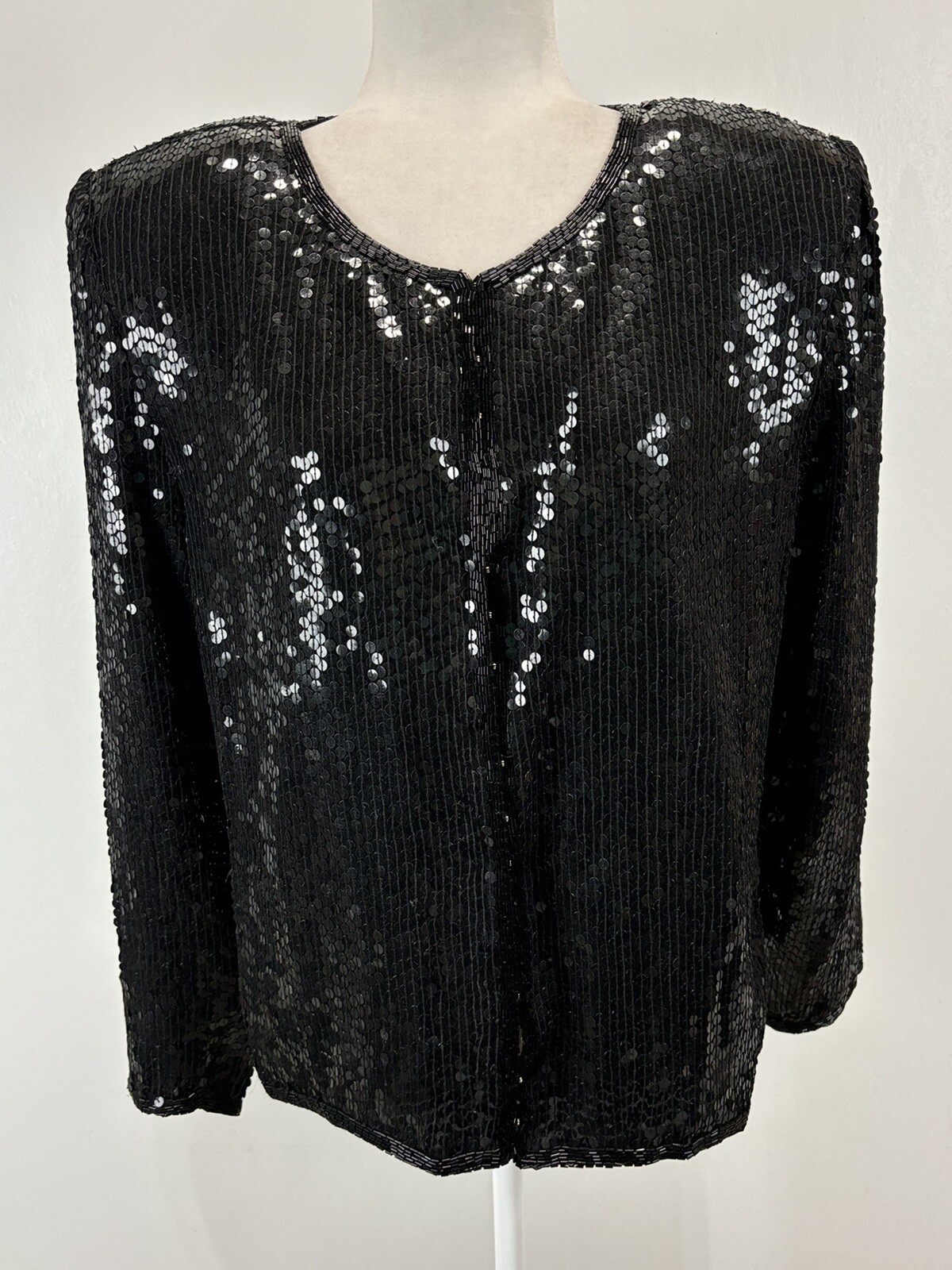 Vtg Stenay 100% Silk Sequin Jacket Sz X-Large Women’s Black Eye Hook Closure