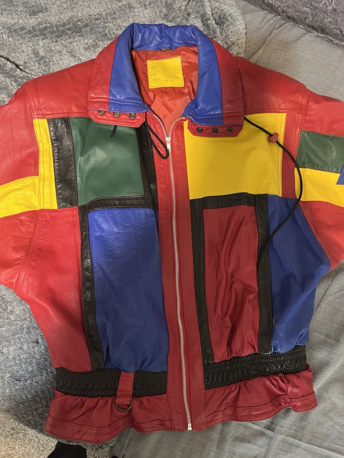 Vintage Mixed Blues Leather Jacket M 80s 90s Colorblock Genuine Leather Bomber