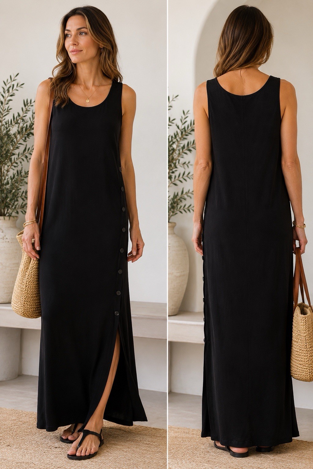 Vintage Carole Little Black Maxi Tank Dress 12 NWT Side Buttons Stretch USA 90s