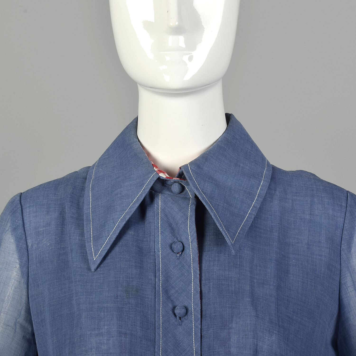 Small 1970s Estelle Albus Chambray Maxi Dress with Vinyl Polka Dots VTG 70s