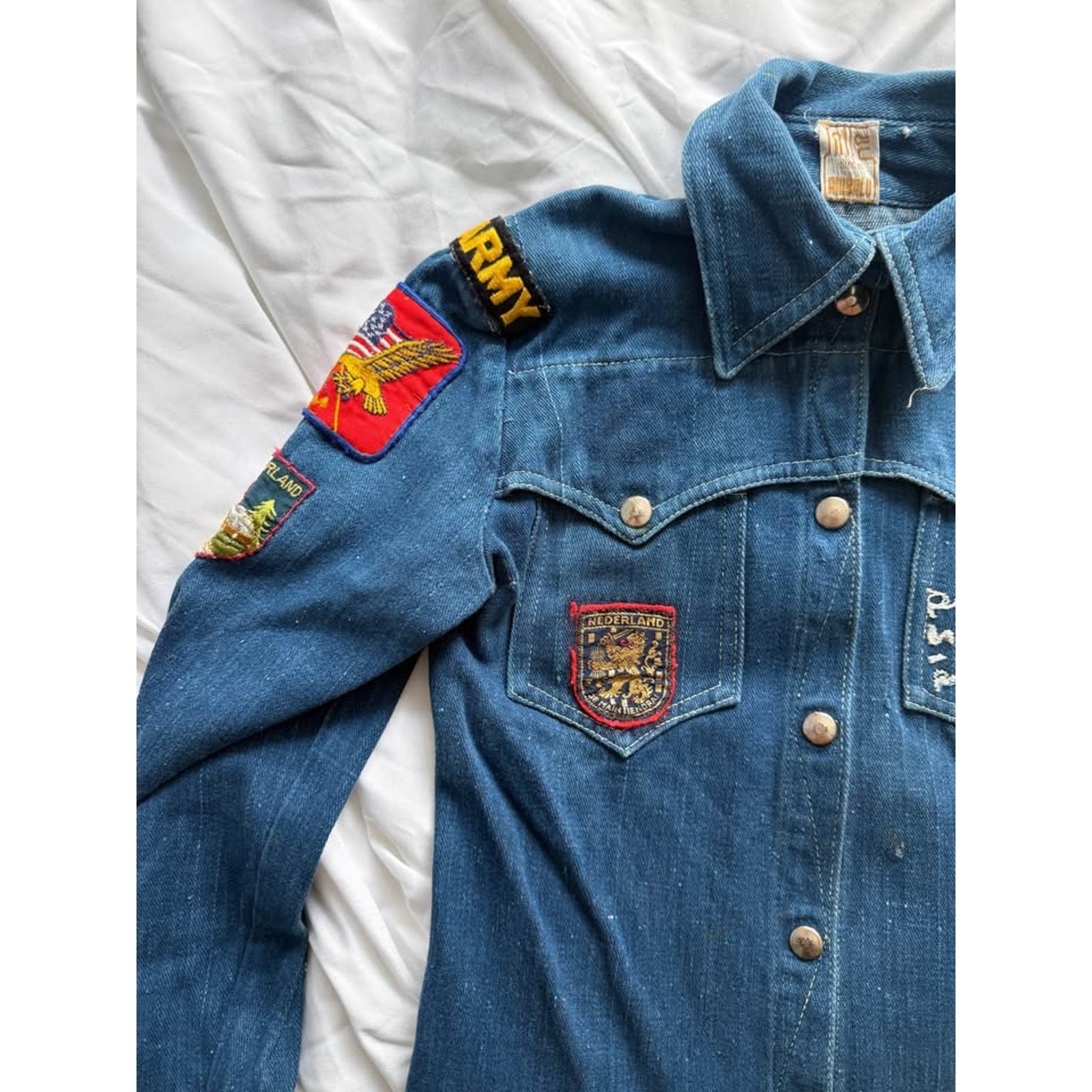 Vintage scout badges denim button up shirt patchwork flannel jean jacket