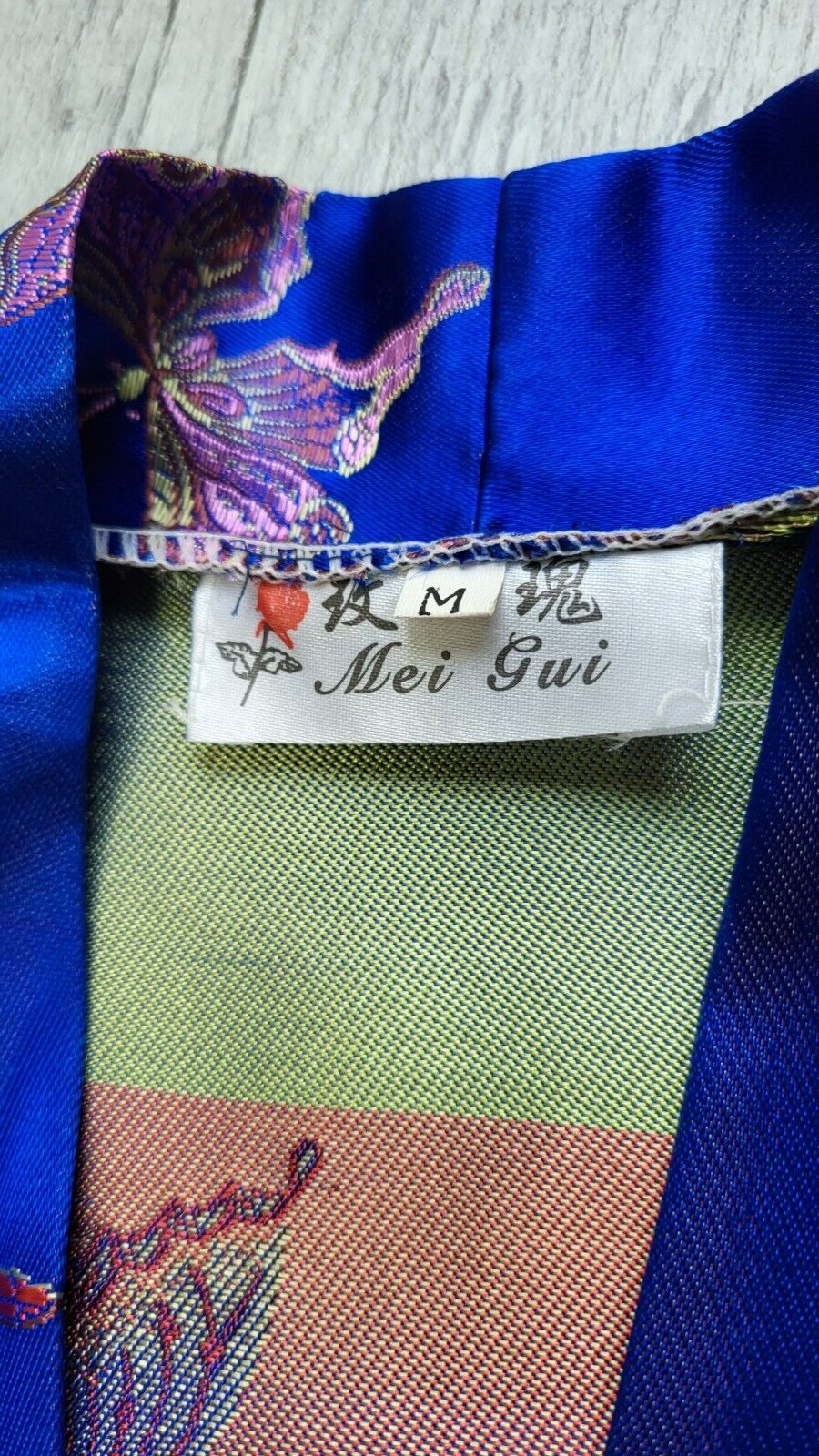 Vintage MEI GUI Blue Satin Butterfly Jacquard Japanese Silk Kimono Robe w/ Belt