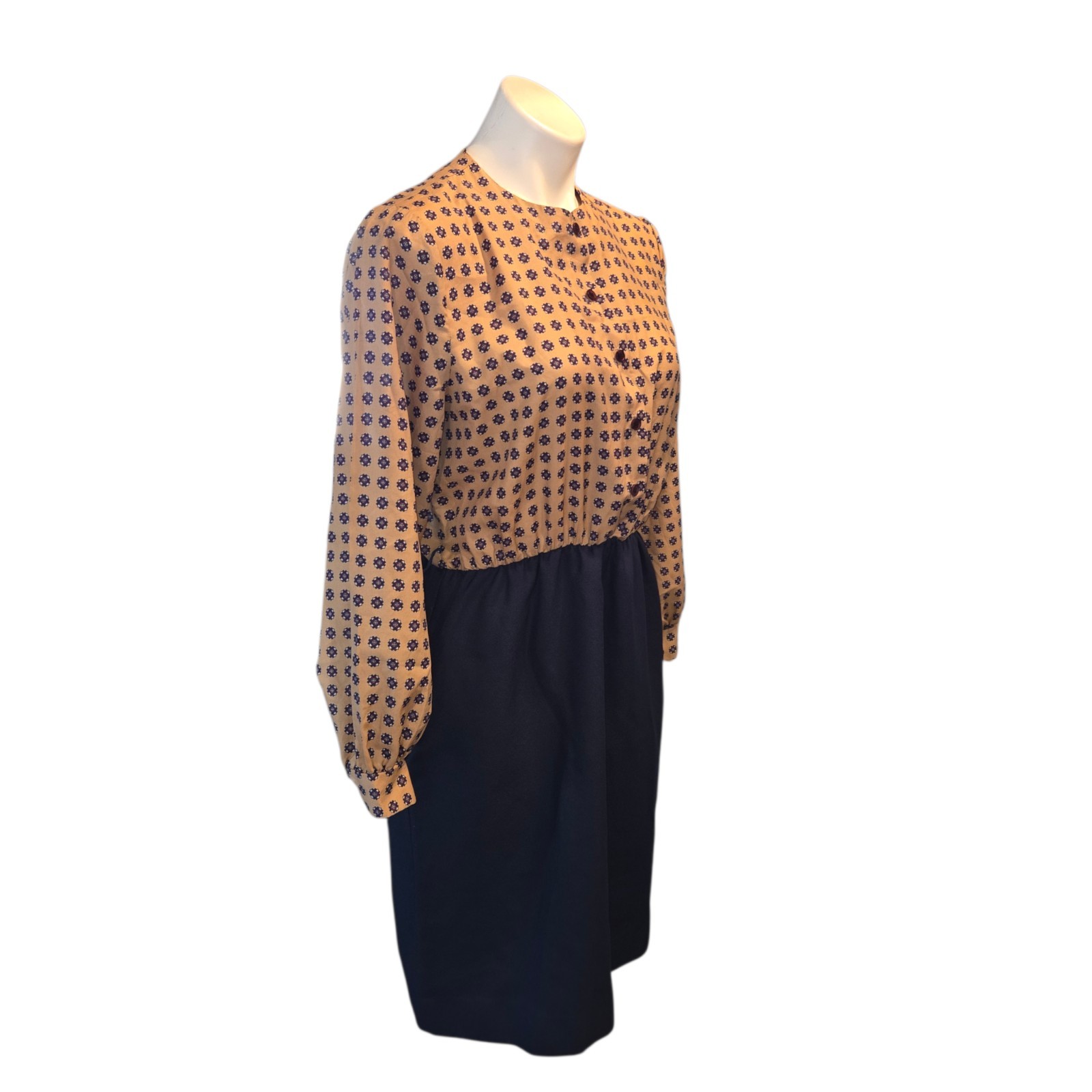 Vintage 70s Sears Roebuck Dress Size 14 Blue Tan 14 Petite Office Business Work