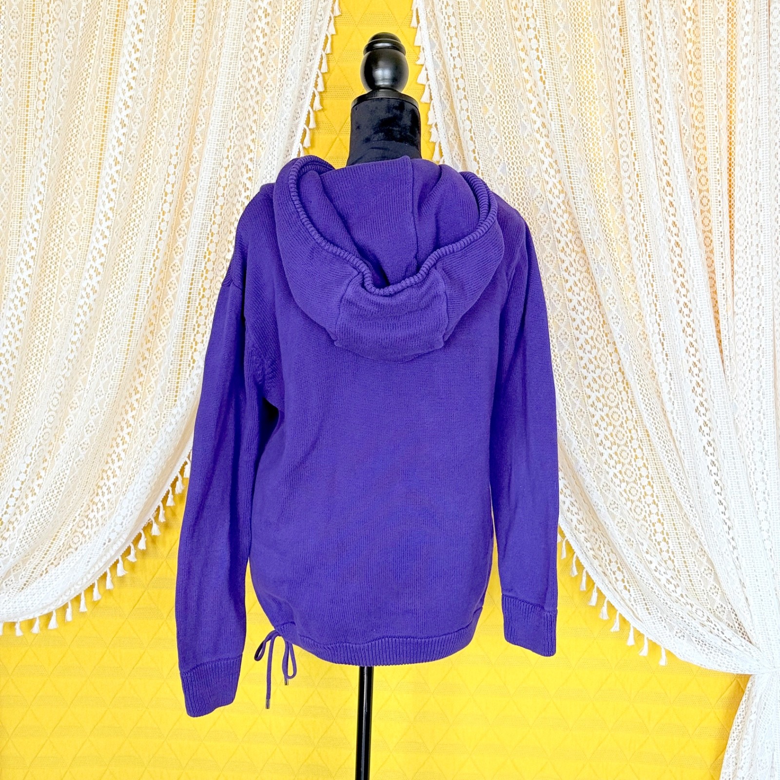 VTG Preppy Old Money LRL Ralph Lauren Hooded Knit Sweater Purple 100% Cotton XL