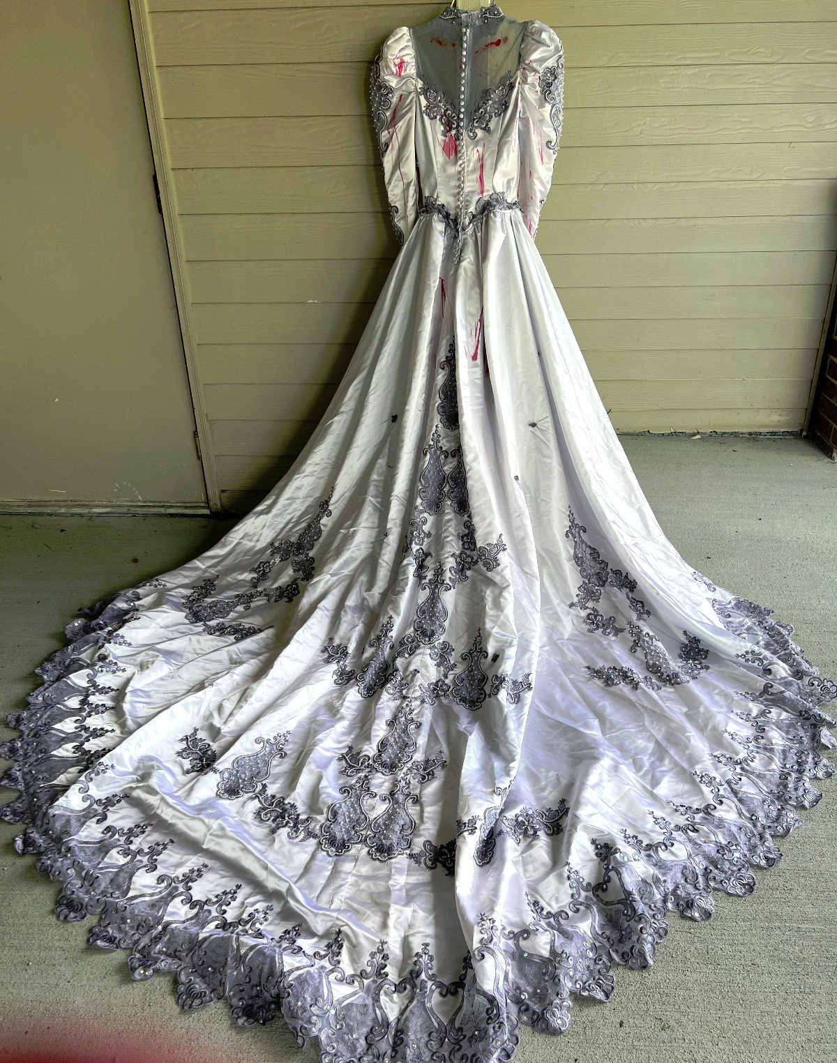 Gothic Satin Pearls Dead Wedding Gown Corpse Bride Long Sleeve Dress Small