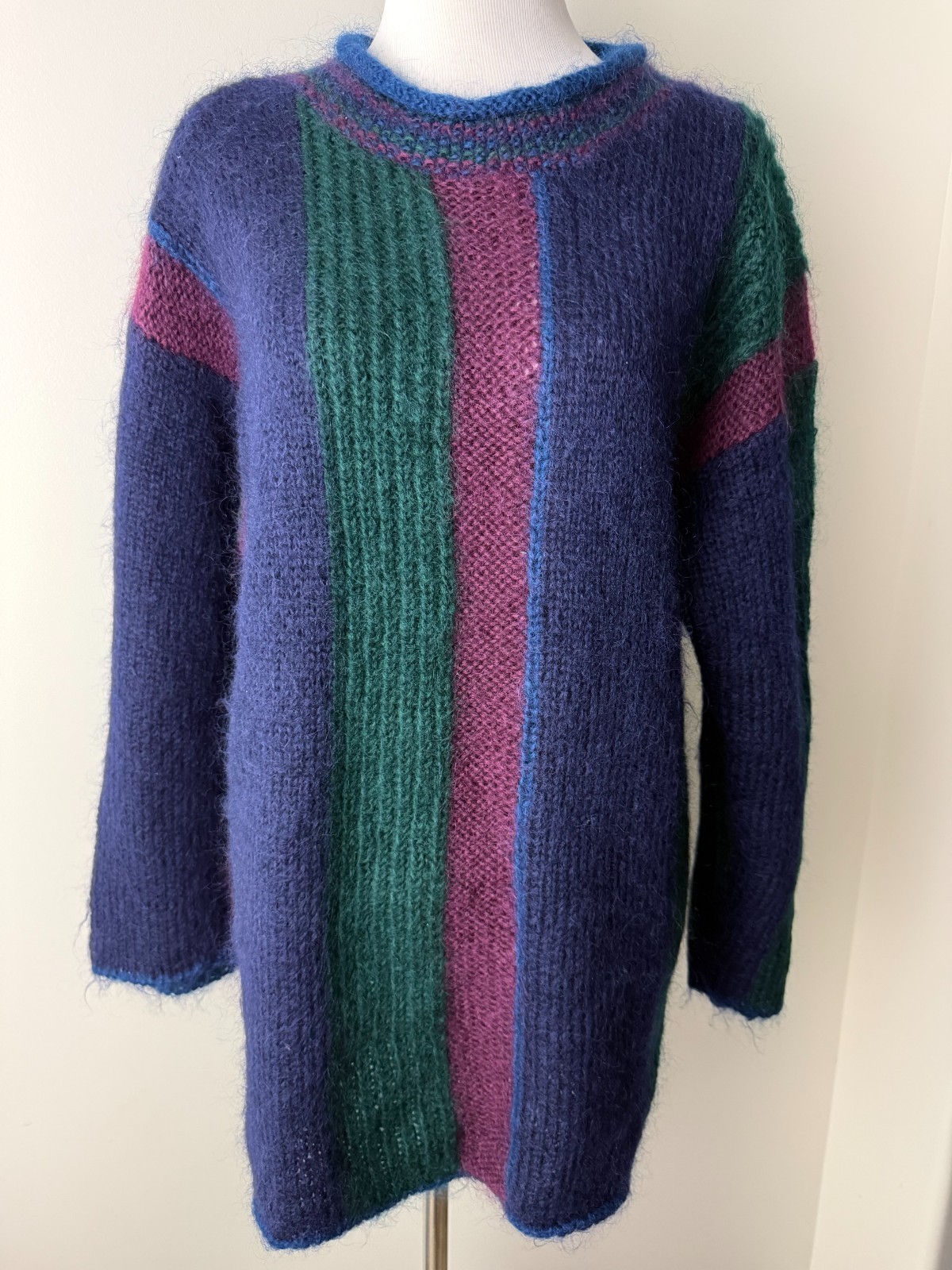 Paris Sport Club Vintage Hand Knitted Mohair Blend Striped Sweater Purple Teal S