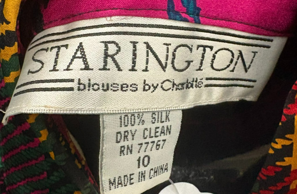 Vintage 100% Silk Jewel Tone Plaid Bold Check Button-Down Blouse 80s Starington