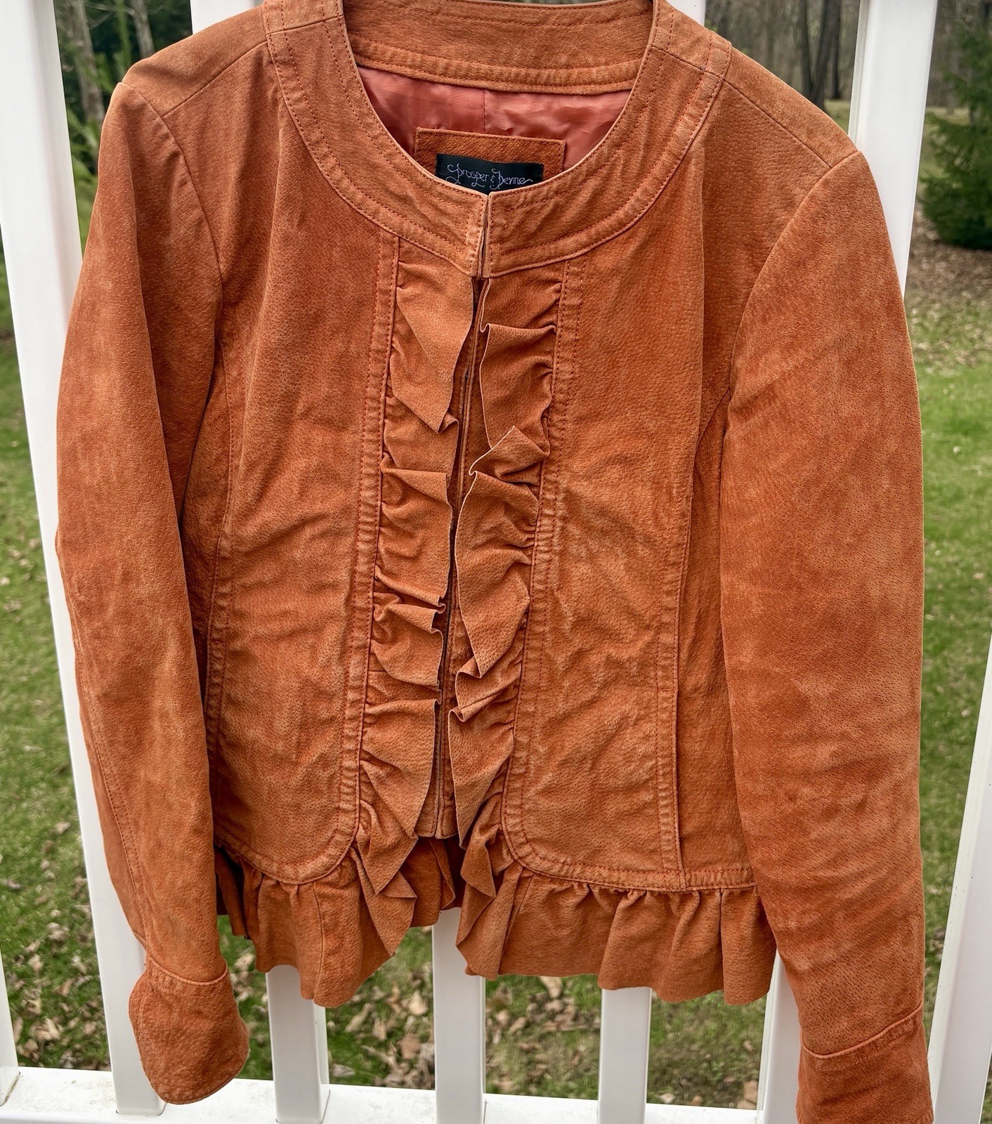 Prosper & Devine Leather Suede Sz Med Rust Color Jacket Nautical Buttons Ruffle