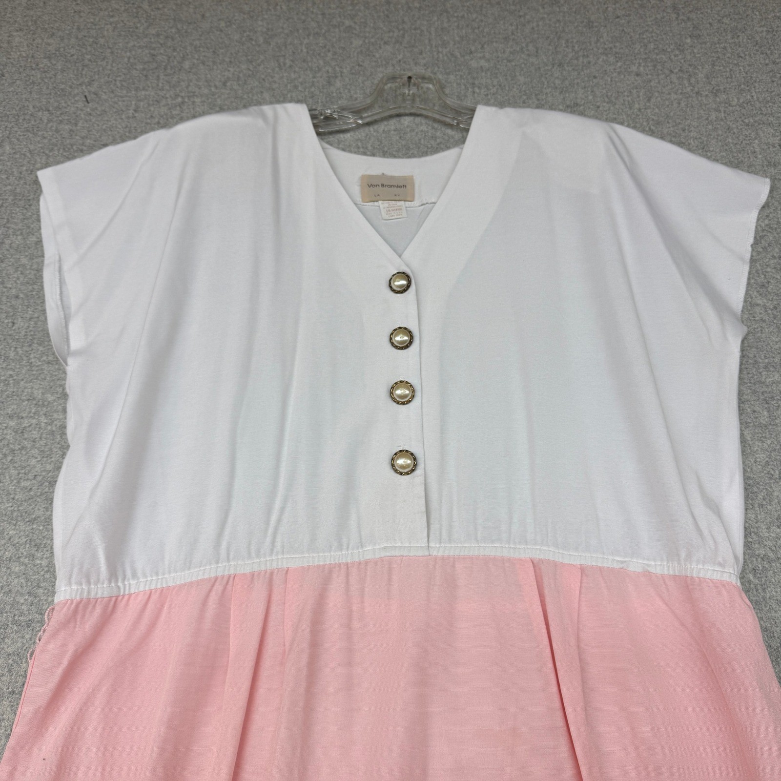 Von Bramlett Vintage Dress Size 16 Average White Peach Pink Pearl Button Midi US